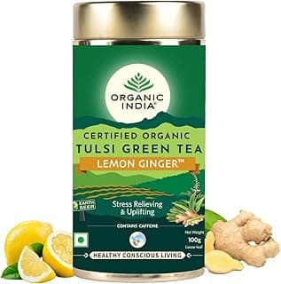 ORGANIC INDIA Tulsi Green Tea Lemon Ginger 100 gm tin