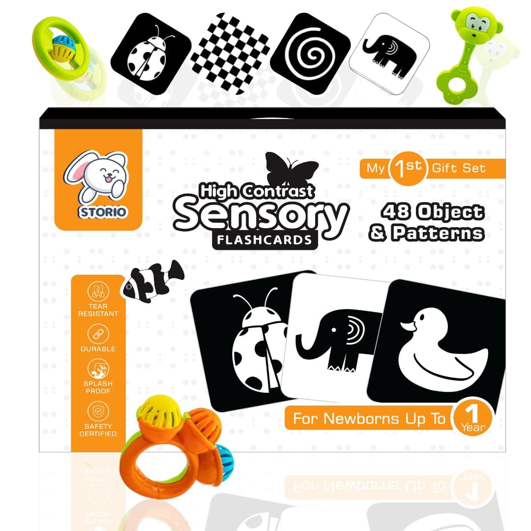 Storio New Born Gift Set Black and White Flash Cards for Babies & Infants with Super Cute Rattles Set of 3 | High Contrast | Visual Stimulation & Sensory Development for 0 to 12 Months, 48 Pictures
