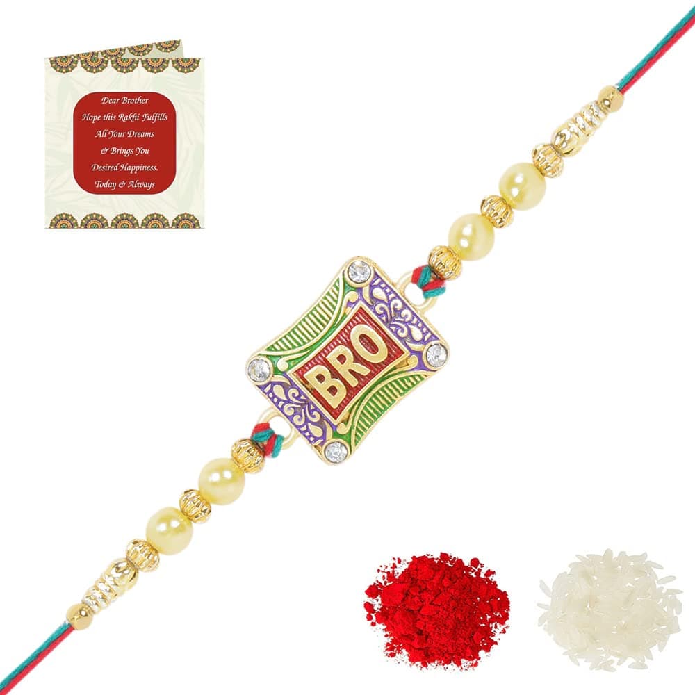 Riddhika Ventures Auspicious Gold Plated and Meenakari Brothers Rakhi With Roli Chawal And Greeting Card (P6)