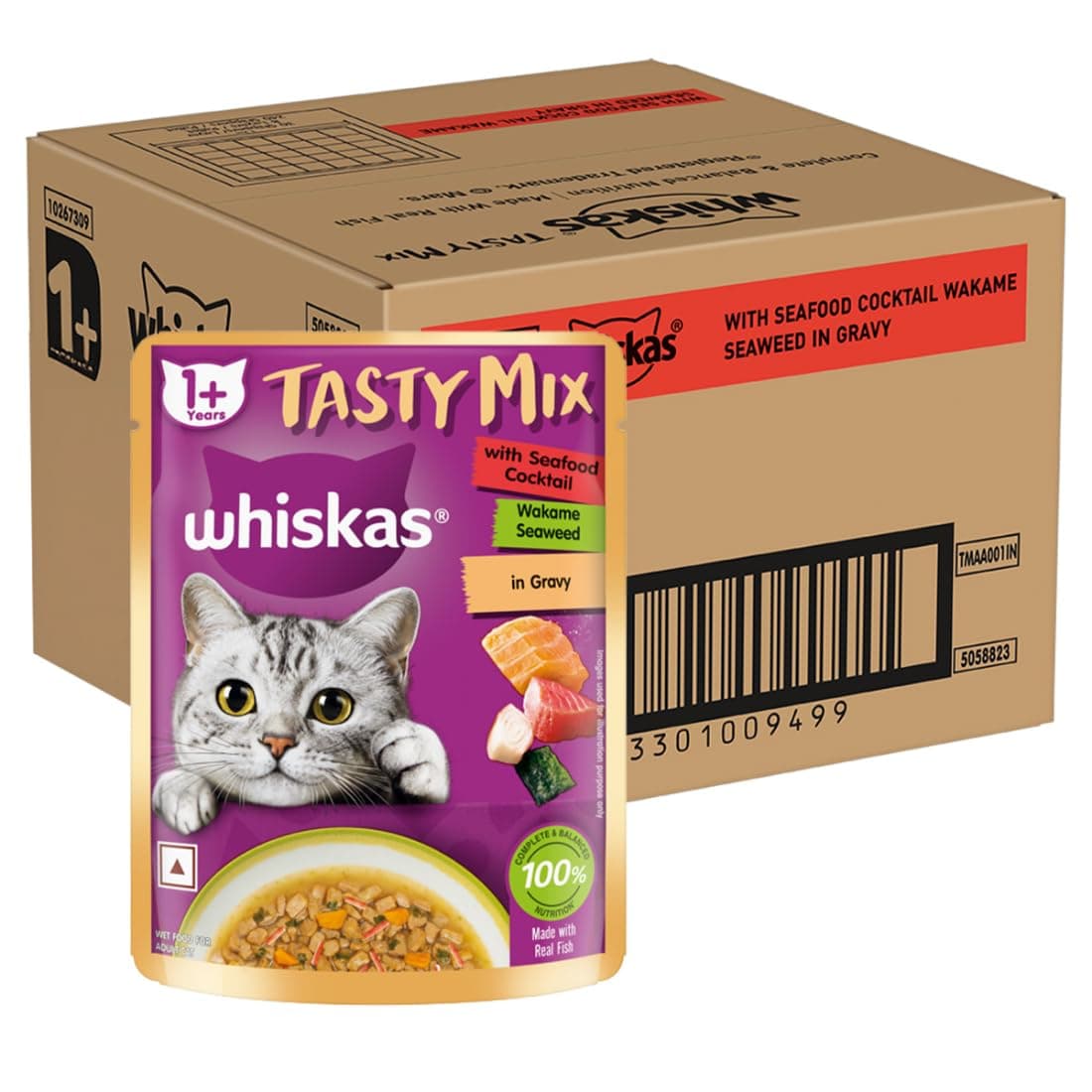 Whiskas Tasty Mix Adult (1+ Year) Wet Cat Food, Seafood Cocktail Wakame Seaweed in Gravy, 70 g, Pack of 28|Made with Real Fish|Complete & Balanced Nutrition for Adult cat