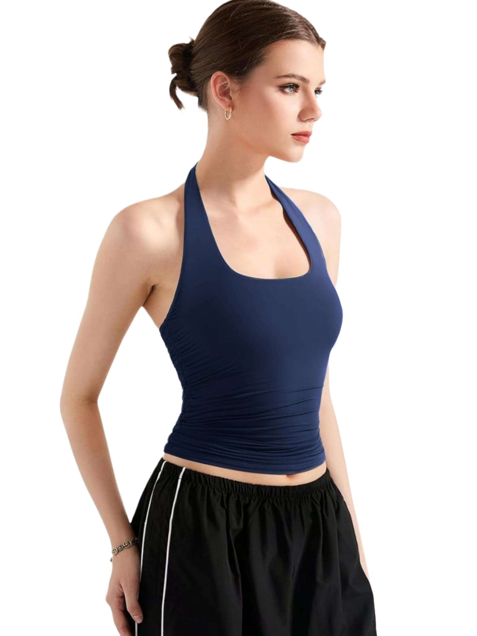 SIGHTBOMB SOFTLINE Double Layer Seamless U Neck Halter Cuddle Baby Sleeveless Microfiber Active WEAR/Casual WEAR TOP for Women (in, Alpha, S, Plus, Navy SOFTLINE)