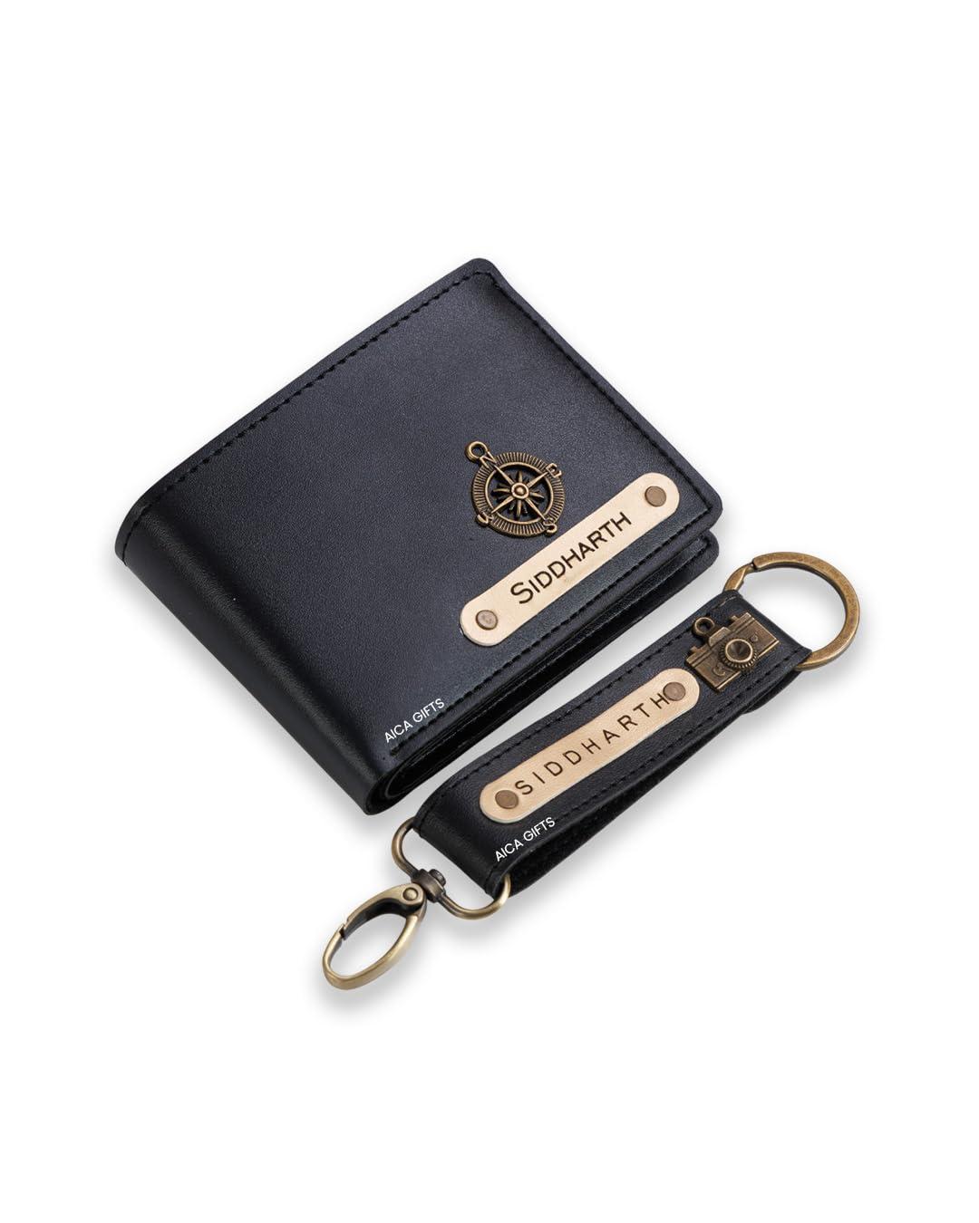 AICA Personalized Name & Charm Leather Wallet & Keychain Giftset (Black) for Men | Customized Gifts for Birthday Anniversary Corporate Staff Men | Gift for Man | Diwali Gifts for Family and Friends