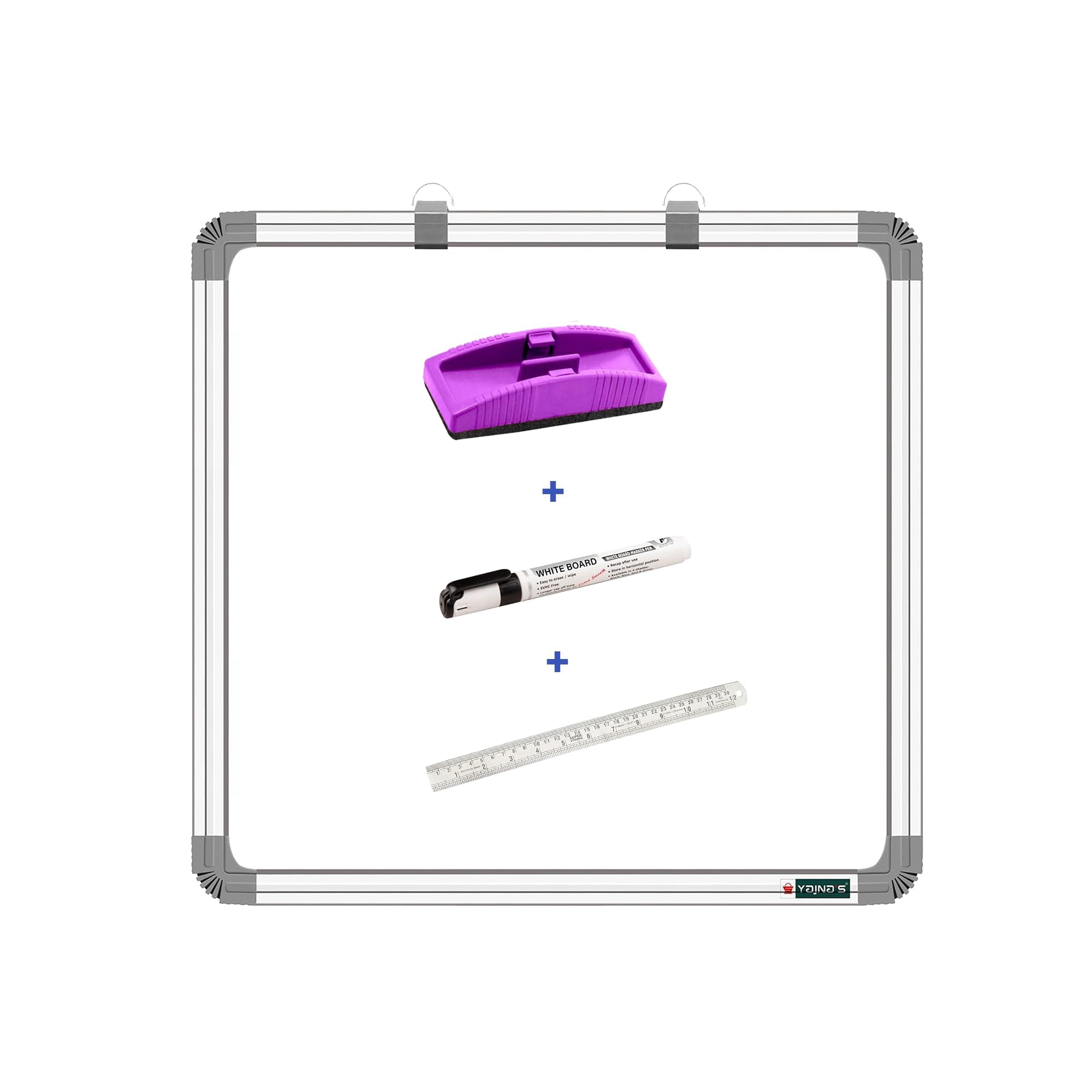 YAJNAS 2x2 feet Non Magnetic Double Sided, White Board and Chalk Board, One Side White Marker and Reverse Side Green Chalk Board Surface, Duster, Marker & 30 CM Scale (Pack of 4 Items)