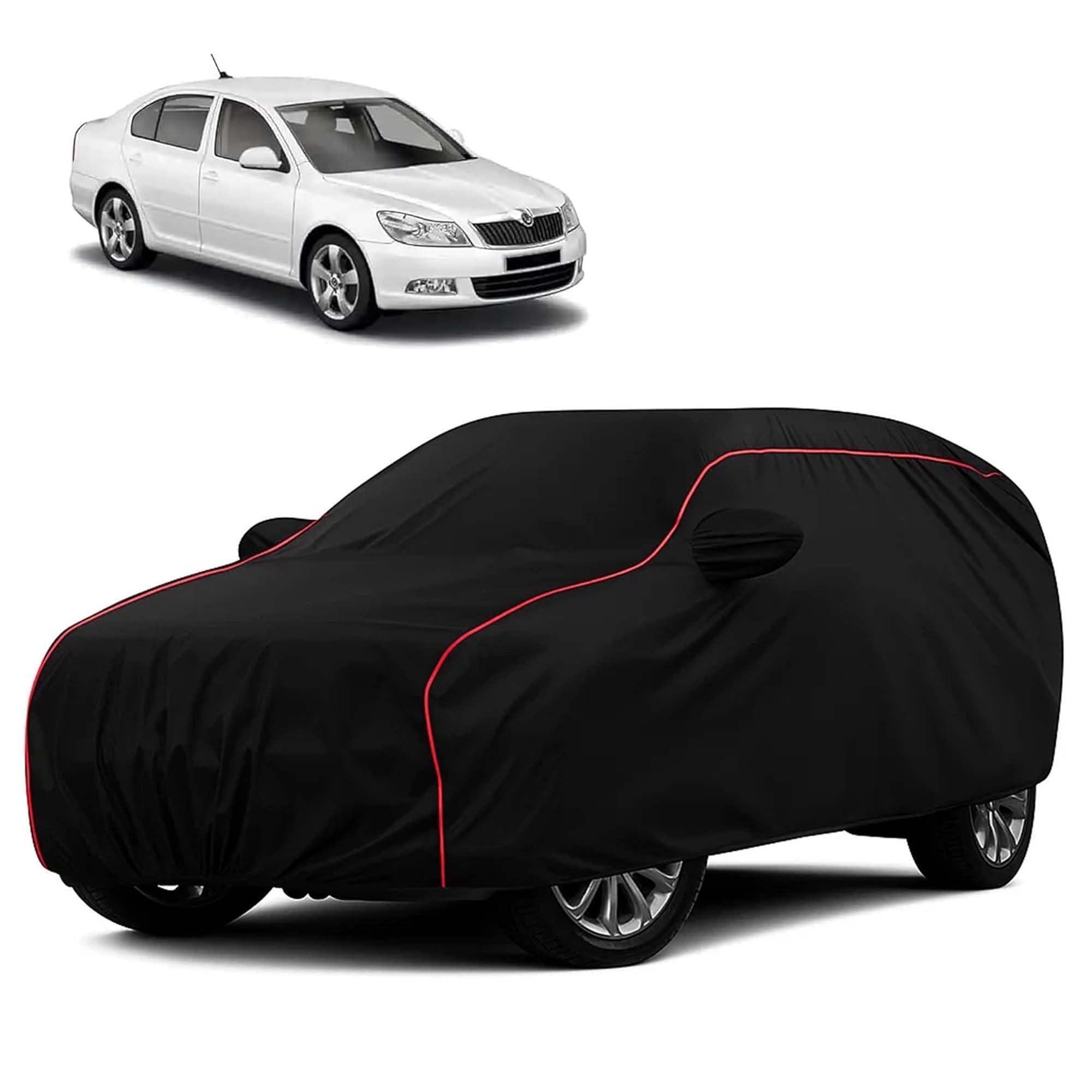 Sulfar 100% Water Resistant Car Body Cover Compatible with Mirror for Skoda Laura (Triple Stitched, Full Bottom Elastic, Black with Red Piping)