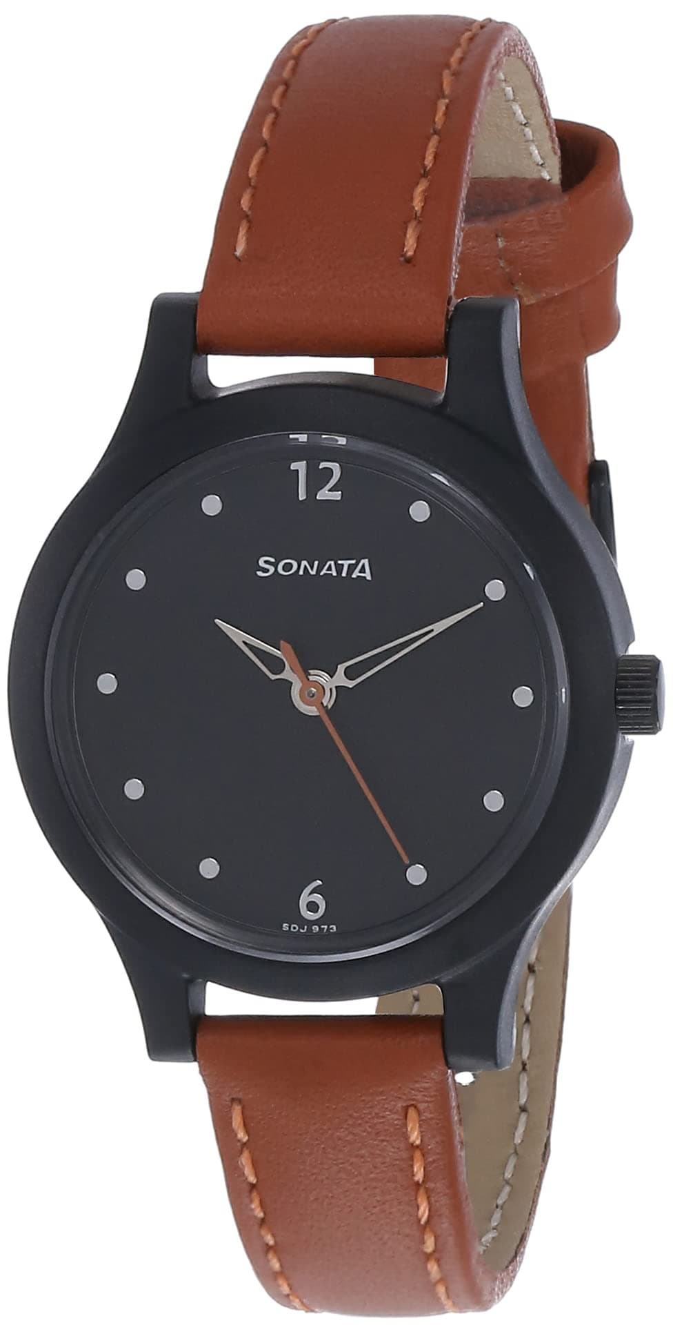 Sonata Essentials Quartz Analog Black Dial Tan Leather Strap Watch for Women - NT87030PL04W
