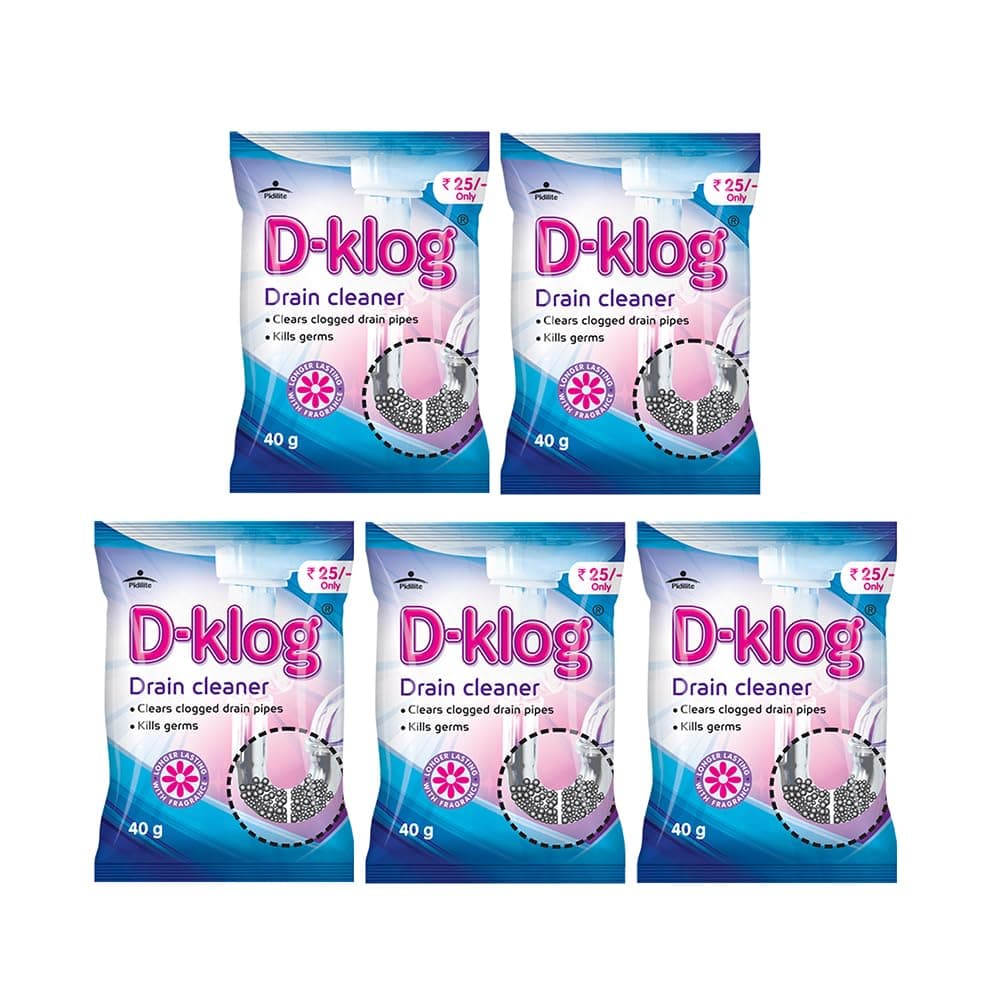 D-Klog Drain Cleaner Powder (40g x 5 Units), Removes Clogs, Blockages in Washbasin, Septic Tank, Sinks, Pipes within 30 mins.Drain expert | Sink cleaner| Toilet Cleaner