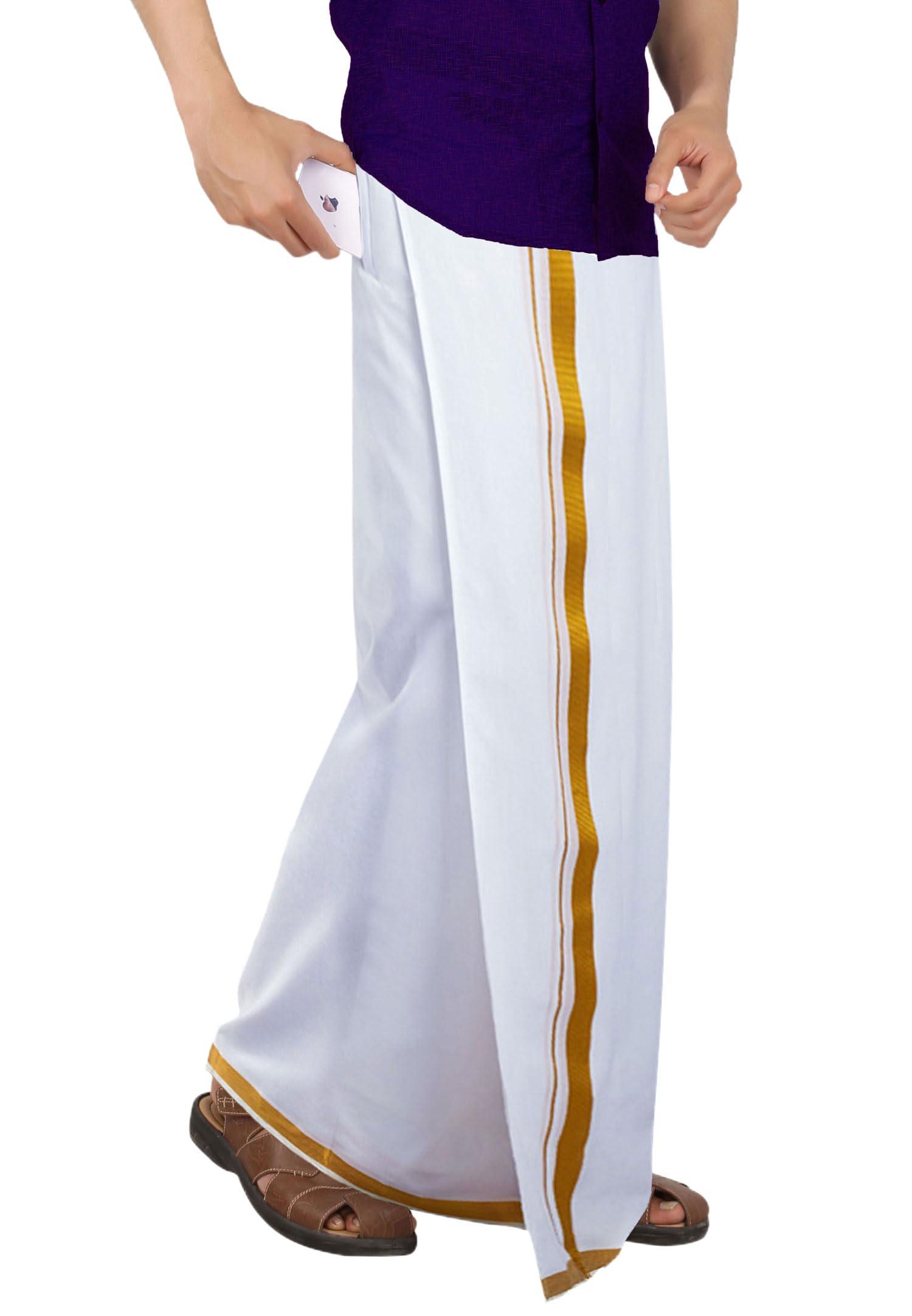 PRAKASAM COTTON White Colour-Gold Jari Border Welcro Pocket Stitched dhoti for mens/Size Hip -32 inches- Length- 42 inches