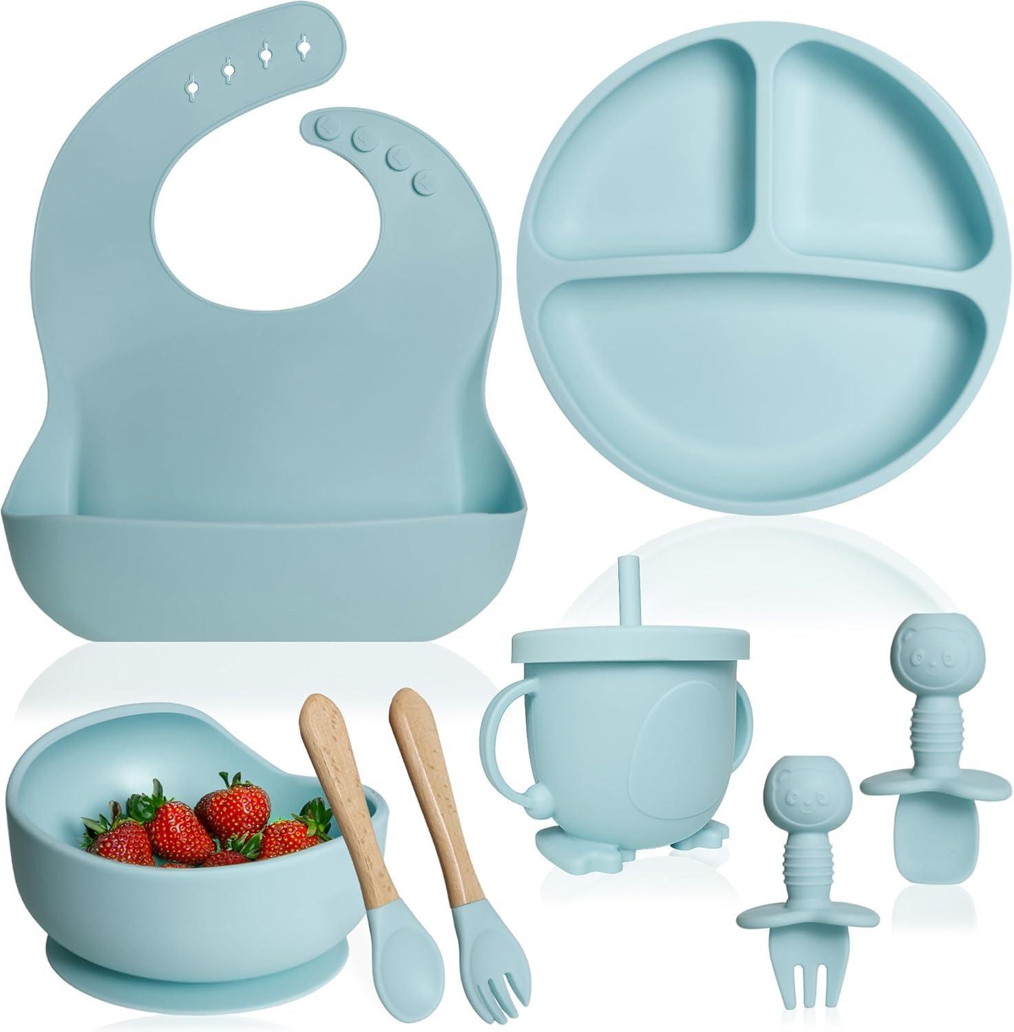 QLECT BPA Free Silicone Baby Feeding Set | Microwave Safe | Complete Set for Feeding & Baby Training | Anti-Slip Base | Babies & Toddlers with Suction Plate Bowl Cup Spoon Fork & Bib (Blue)