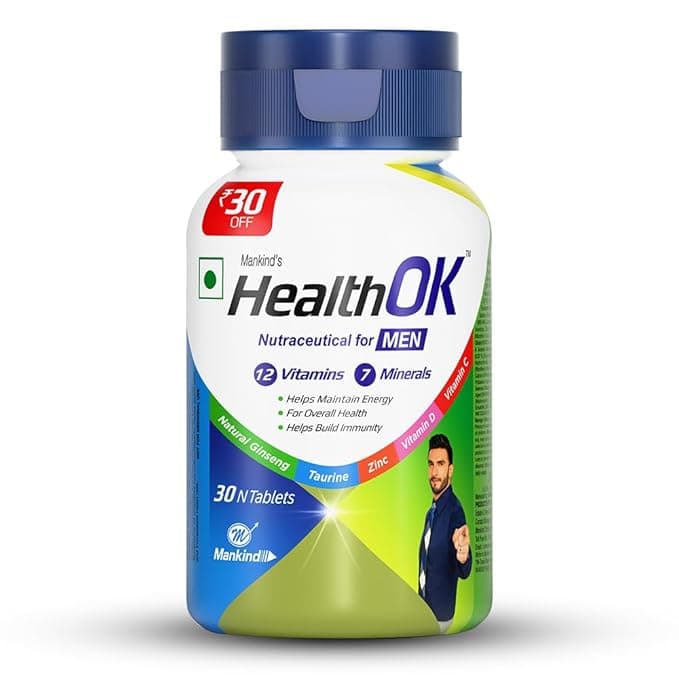 Mankind's Health OK Multivitamin With Natural Ginseng,Taurine Power,Daily Energy,Alertness,Vitamin D,C & Other 18 Multivitamins Minerals,For Overall Health,30 Tablets (Veg) X Pack Of 1, 250 grams