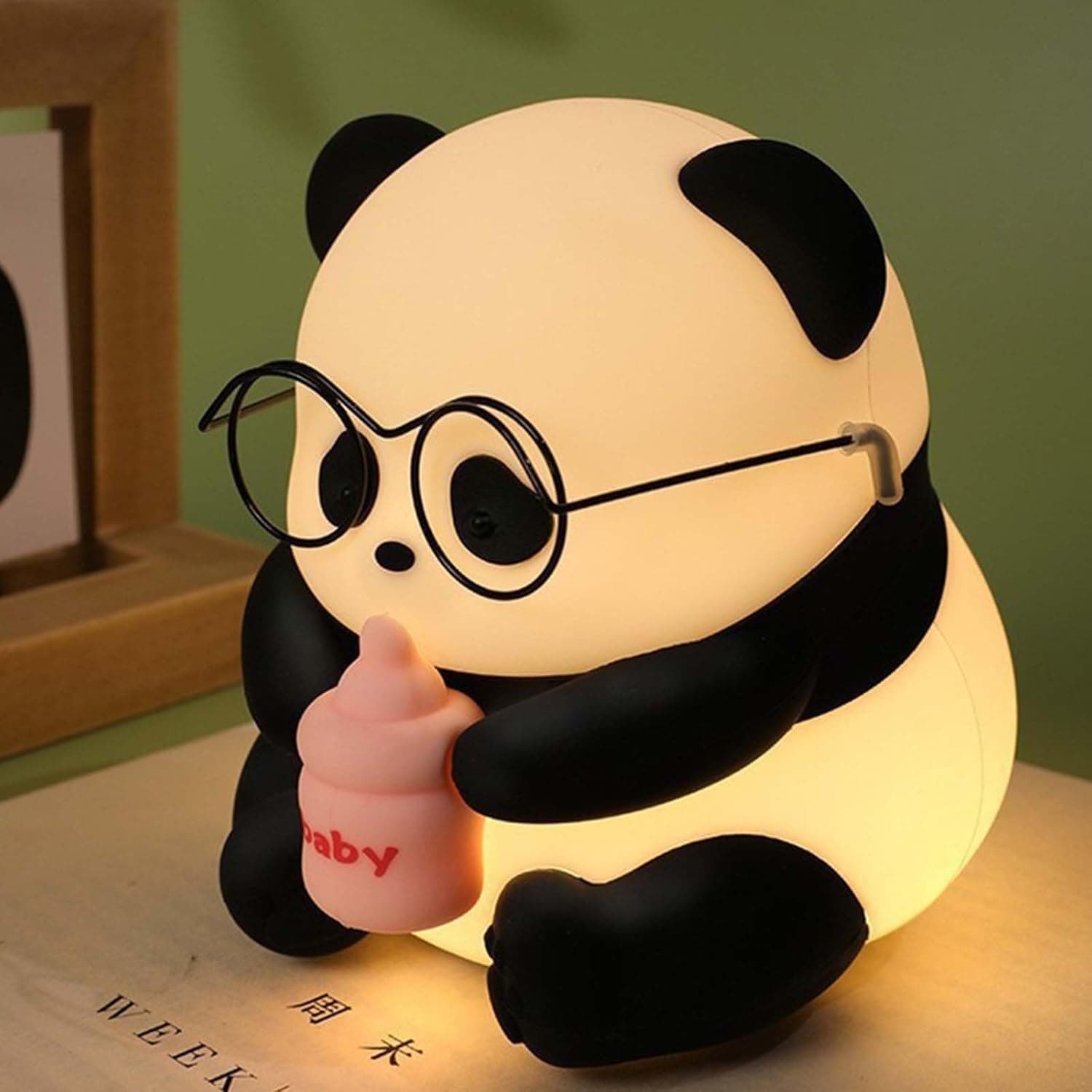 One94Store Panda LED Night Light, Rechargeable Soft Silicone Animal Lamp with Glasses & Bottle, Warm White Bedside Light for Kids Room and Nursery