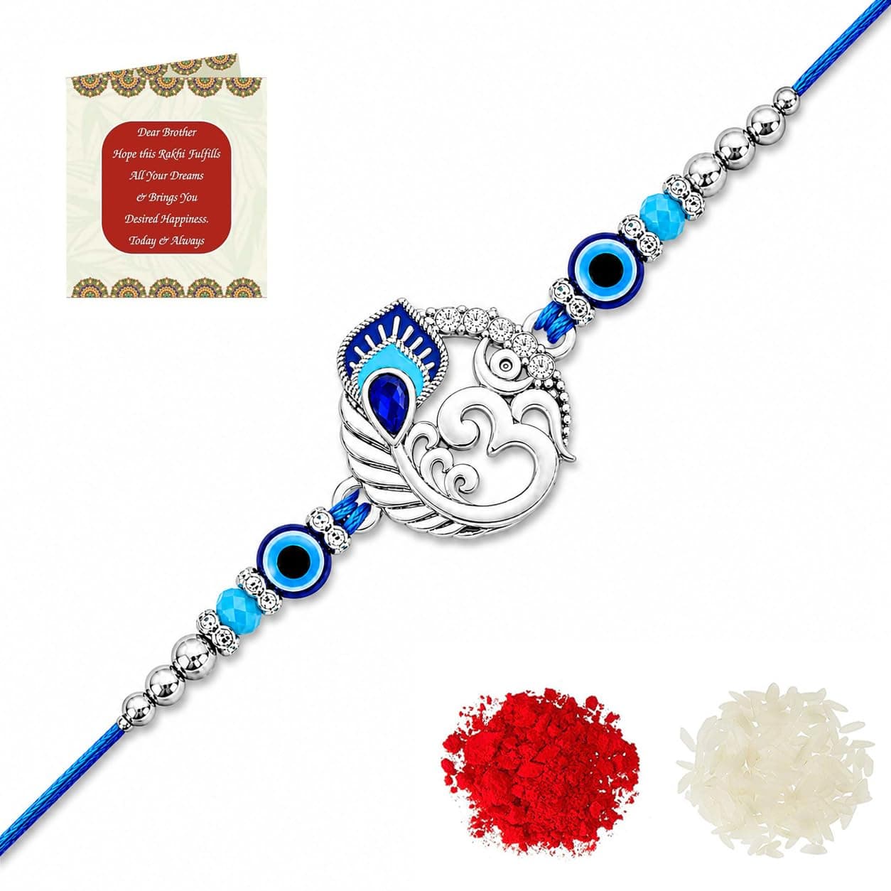Riddhika Ventures Religious Meenakari Om and Peacock Feather Rakhi With Roli Chawal And Greeting Card (R1)