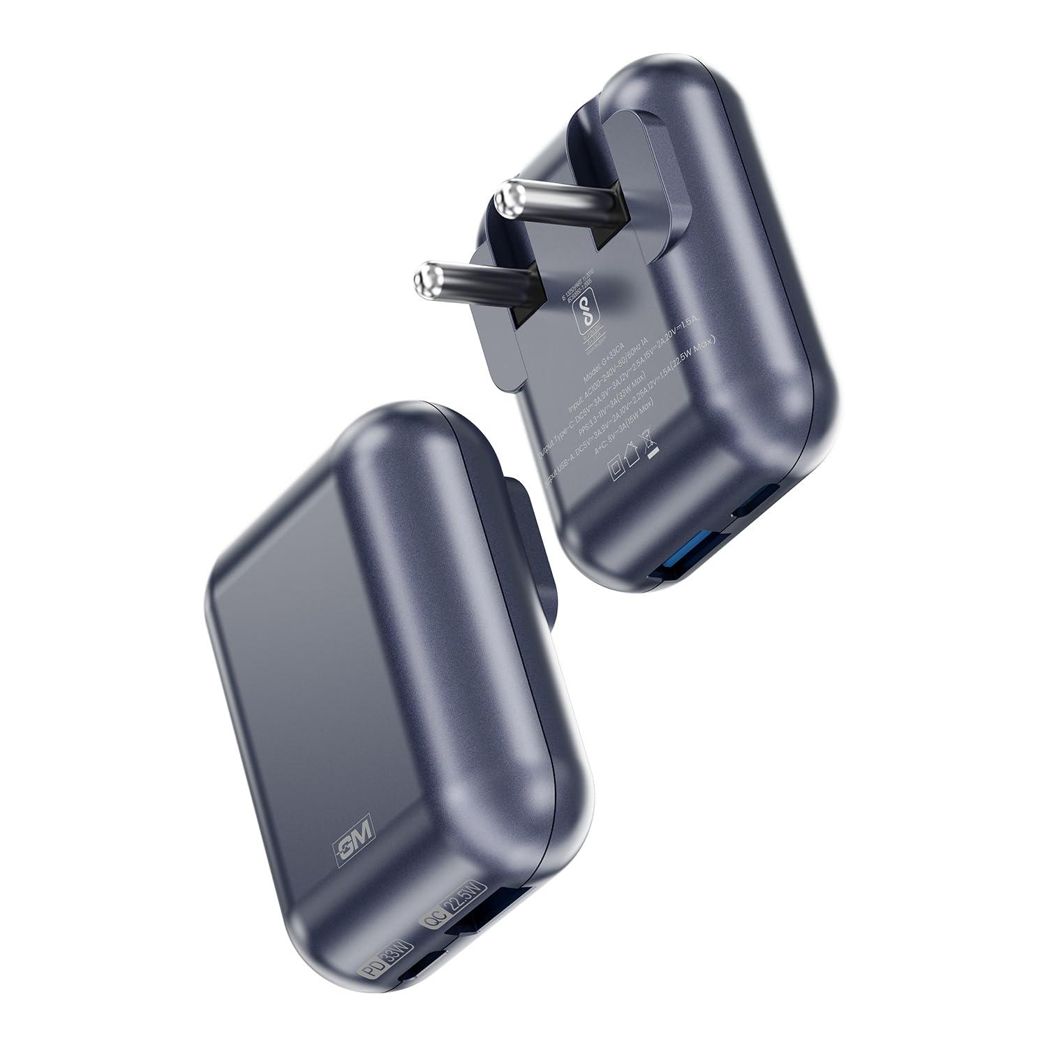 GM G+ 33W Spyder GaN Charger | Foldable Indian Pin | Travel Friendly | Type-C & USB-A Port | Advanced Protection for iPhone, Samsung, Pixel Series, Tablets, Macbook M1 |1 Year Warranty (Midnight Blue)
