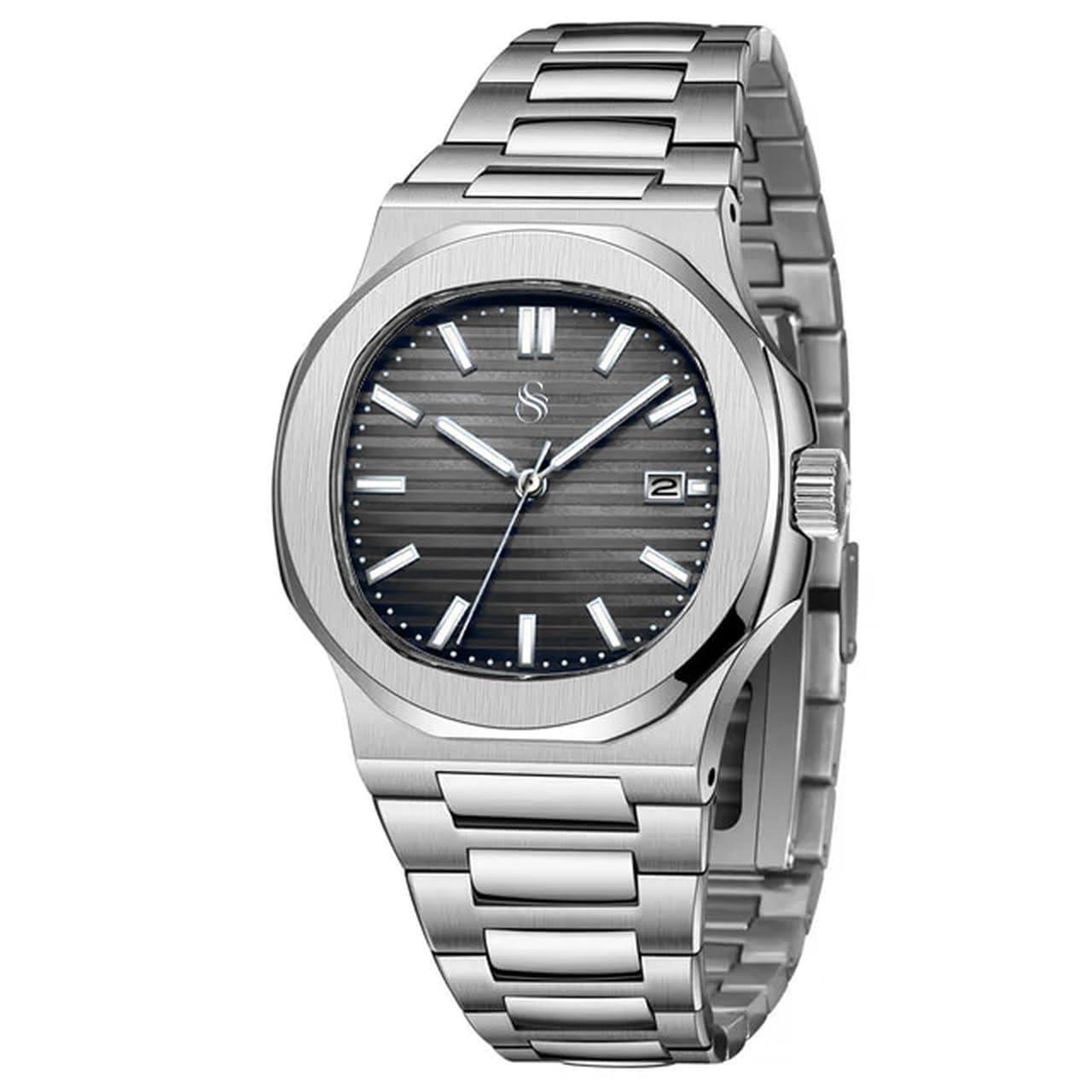 Shocknshop Silver Stainless Steel Analog Square Dial Date Display Wrist Watch for Men (Black Dial and Silver Strap) -PGNI85