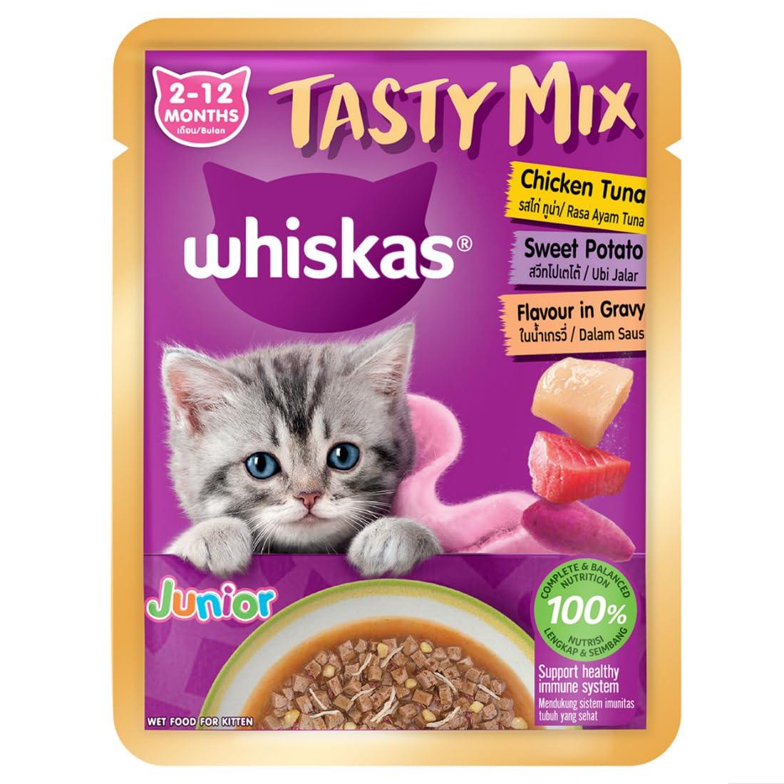 Whiskas Tasty Mix Kitten (2-12 Months) Wet Cat Food, Chicken, Tuna with Sweet Potato in Gravy, 70 g, 100% Complete & Balanced Nutrition for Kittens