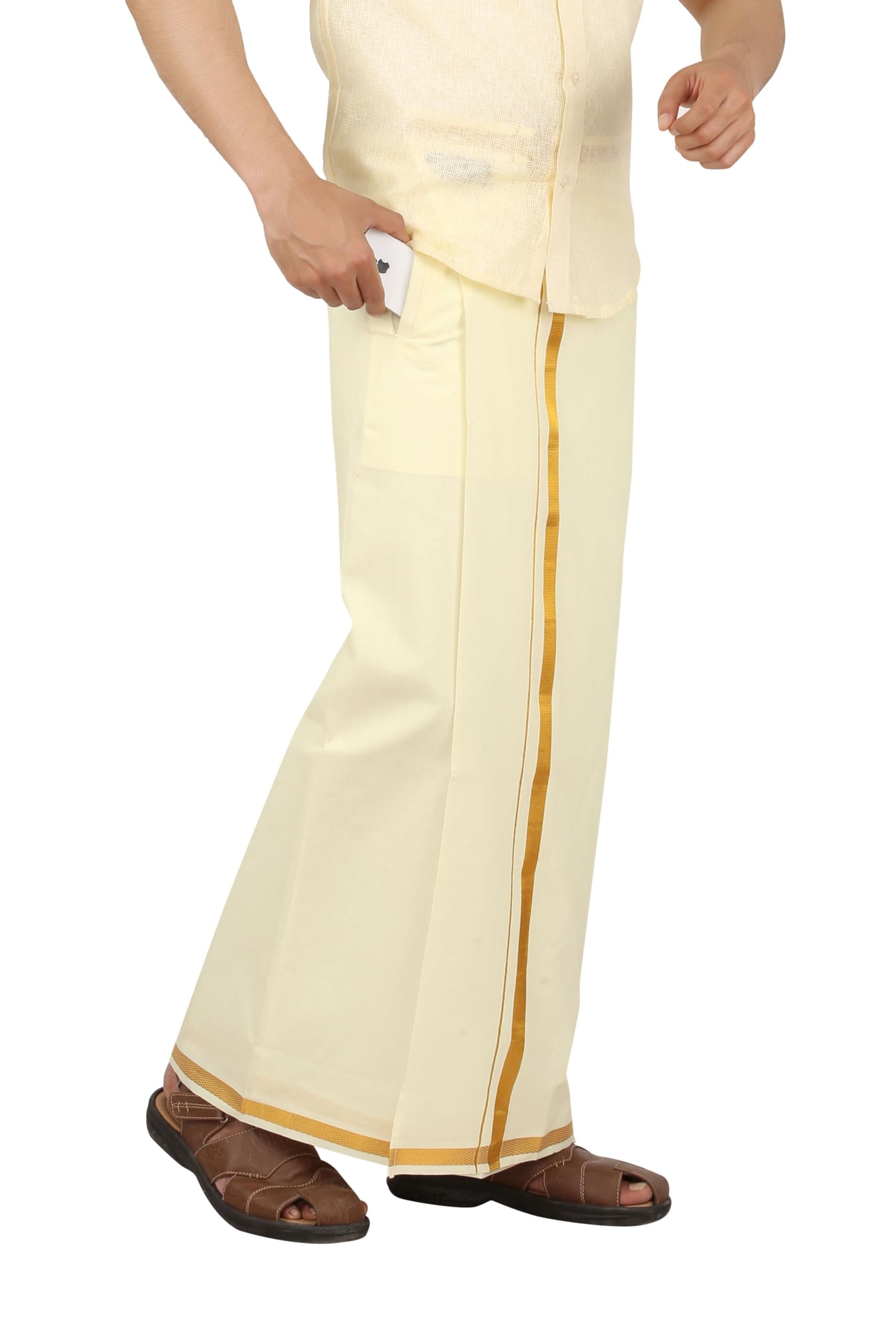 PRAKASAM COTTON Cream Colour-Gold Jari Border Jambo Size Welcro Pocket Stitched dhoti for mens/Size Hip -50 inches- Length- 42 inches