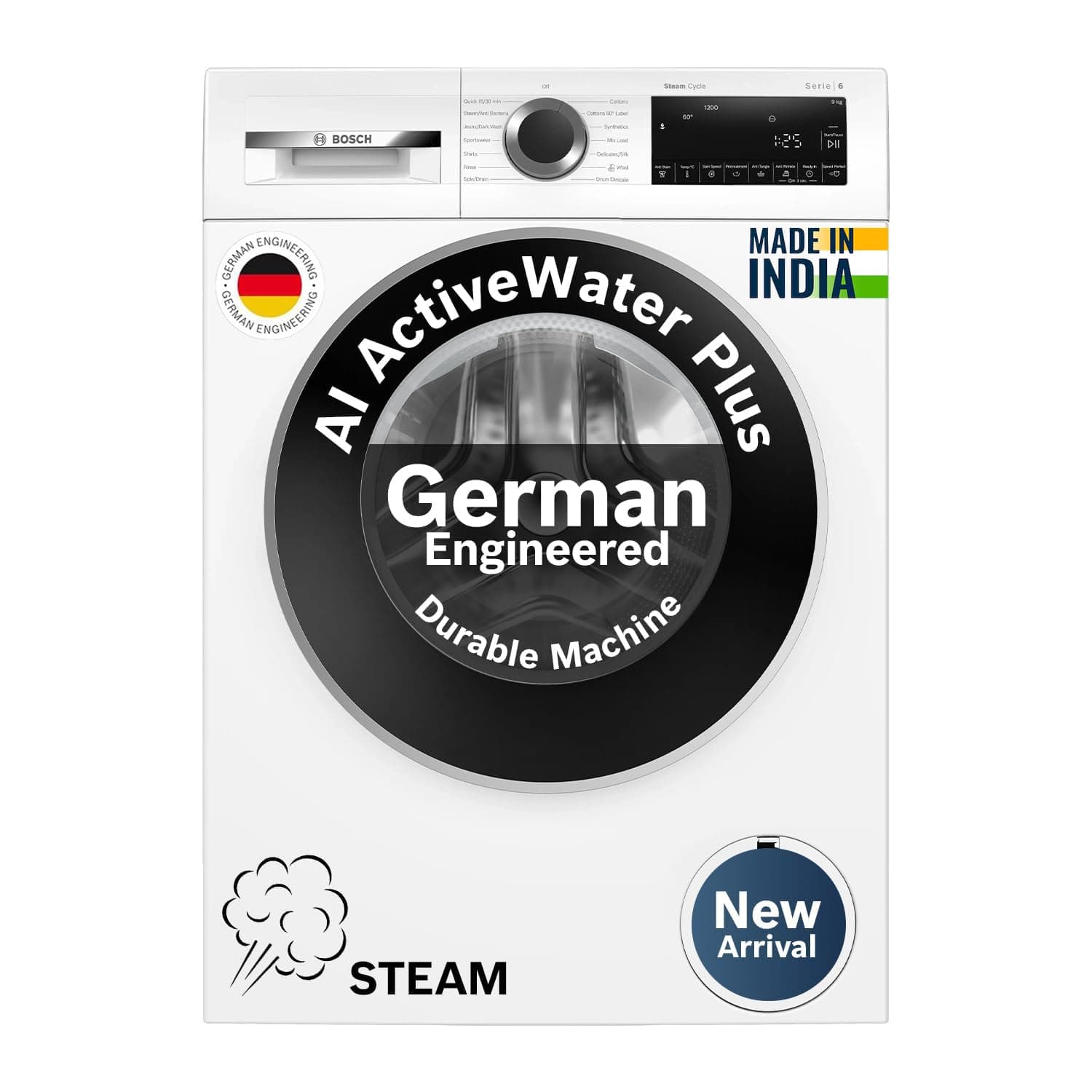 Bosch 9 kg 5 Star Front Load Fully-Automatic Washing Machine, AI ActiveWater, 14 Wash Programs, Removes 99.9% Germs with Steam, No Tangle or Wrinkle, SoftCare Paddle,Zero Vibration, White, WGA14200IN