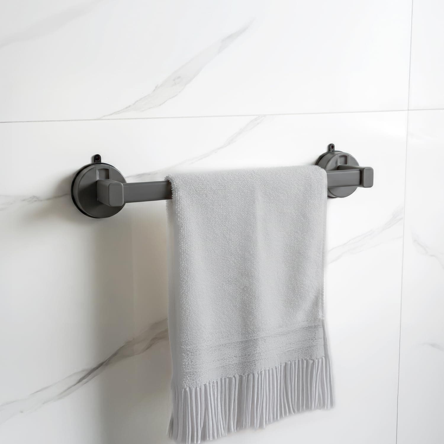 Amazon Basics Suction Towel Holder for Bathroom – Rust - Free Powder Coated Wall Mounted Towel Rack No Drill Towel Rack Modern Bathroom Accessories Organizer Grey