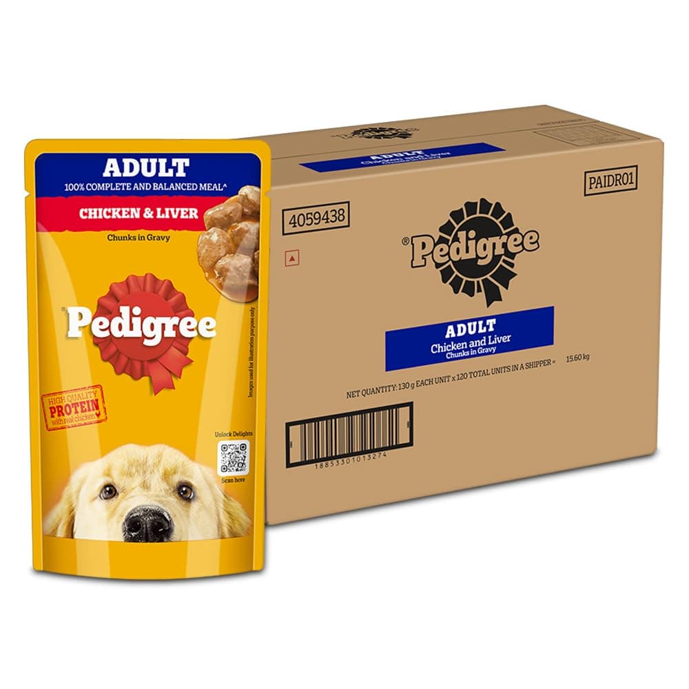 Pedigree Adult Wet Dog Food, Chicken & Liver Chunks in Gravy, 130 g (Pack of 120), Complete & Balanced Meal for Adult Dogs