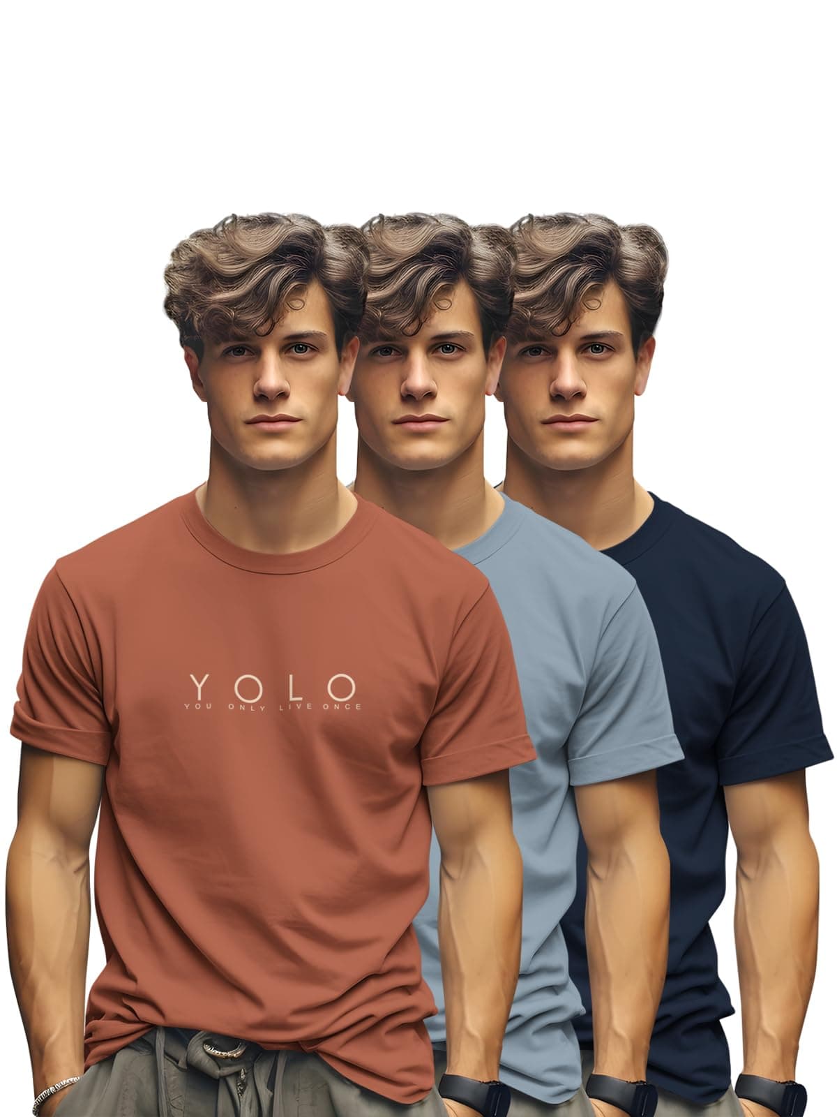 BULLMER Trendy Printed Cotton Blend Regular Fit Crew Neck/Round Neck Half Sleeve Tshirt for Men - Pack of 3_Brick / Bluish Grey/Navy Blue_Large