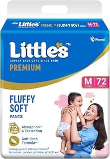 Little's Premium Baby Diapers M Size (Medium) Pants Style | 7-12 kg | 72 Count | Super Jumbo FluffySoft Baby Diaper with Leakage Guard, Wetness Indicator & 12 Hours Absorption