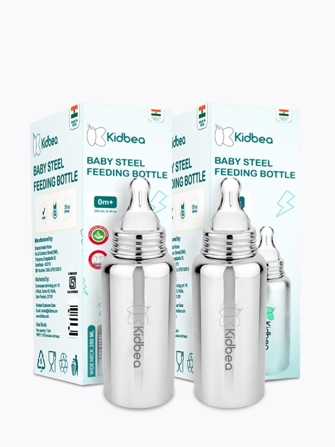 Kidbea Stainless Steel Baby Feeding Bottle 250ml | BPA Free, Leak Proof, Rust Resistant, Food Grade Steel | Anti-Colic Nipple | Reusable Milk Feeder for Newborn & Infants (Pack of 2)
