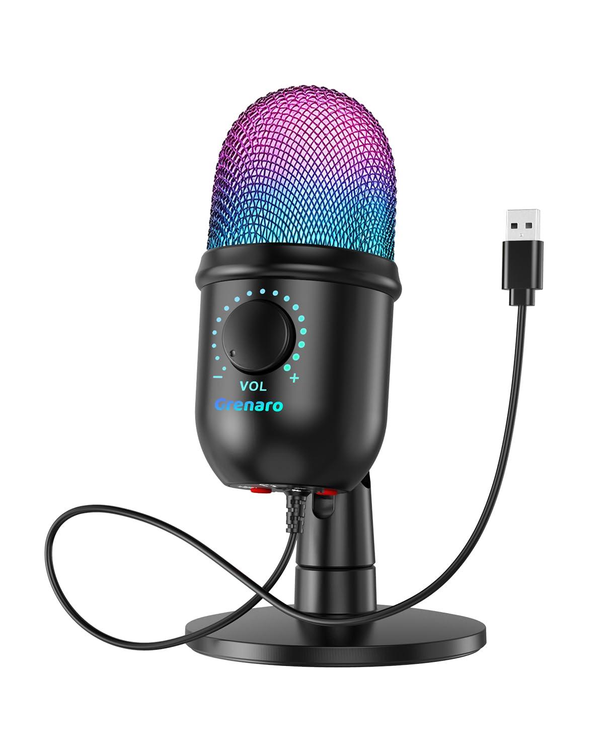 GRENARO Gaming Mic for PC, USB Condenser Mic with RGB Lights, Plug & Play