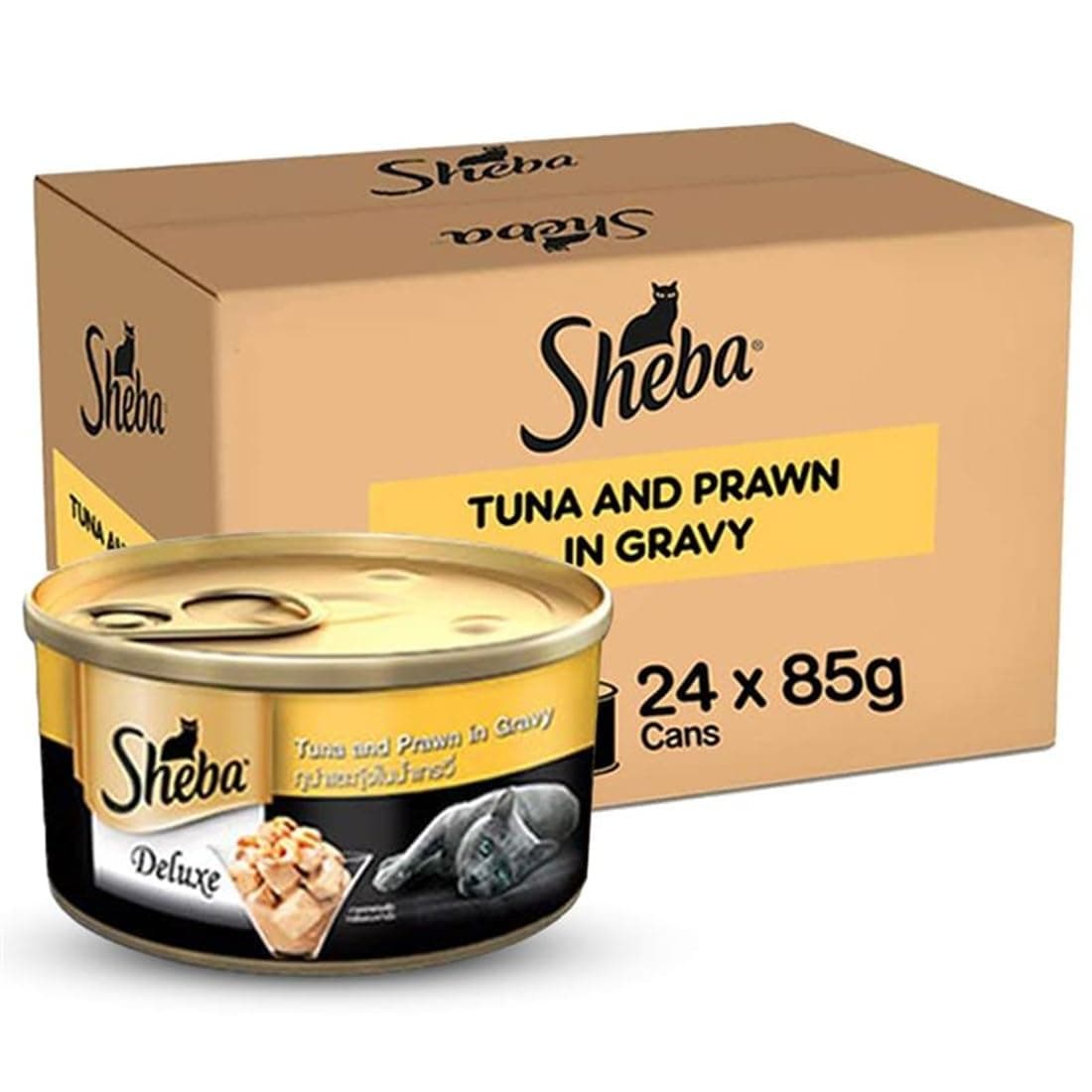 Sheba Deluxe Premium Adult (1+ Years) Wet Cat Food, Tuna and Prawns in Gravy, 85 g Can (Pack of 24), High-moisture gravy cat food for healthy hydration