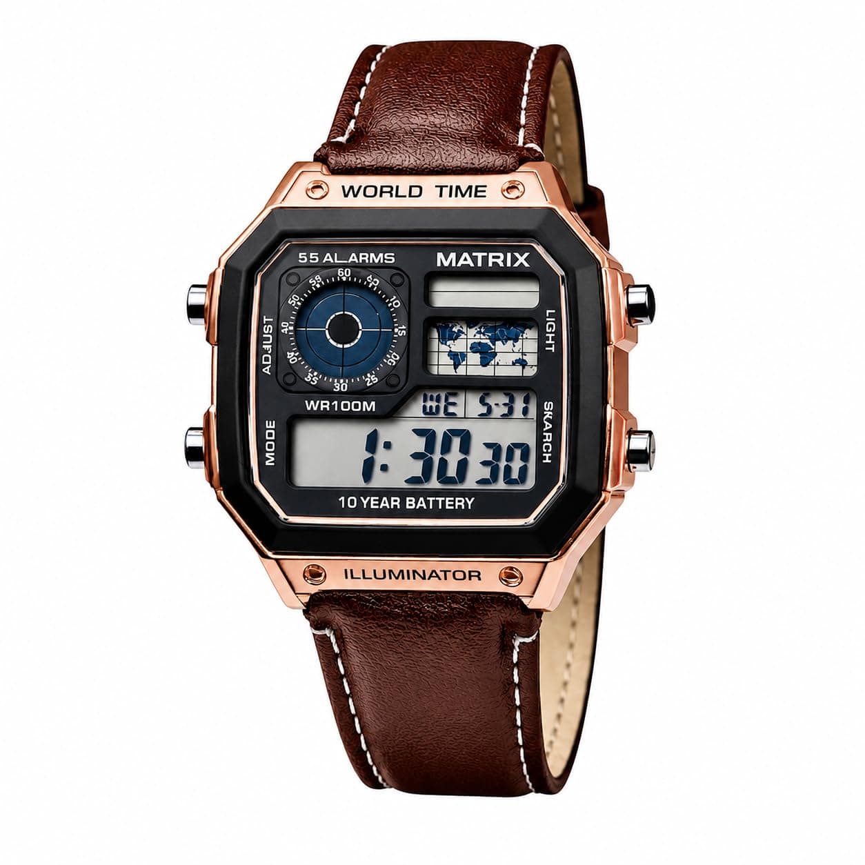 Matrix Illuminator Leather Strap Digital Watch with Alarm, Stopwatch, World Time | for Men & Women (Bown)