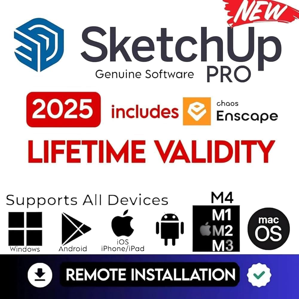 SketchUp Pro 2025 Software (Latest Updated Version) + Enscape/ Vray/ Blender/ Layout Rendering Software (100% Genuine) | 32/64 bits | For Windows & Mac (M1, M2, M3, M4, M5) | 1 Device | Remote Setup Included | Lifetime Validity