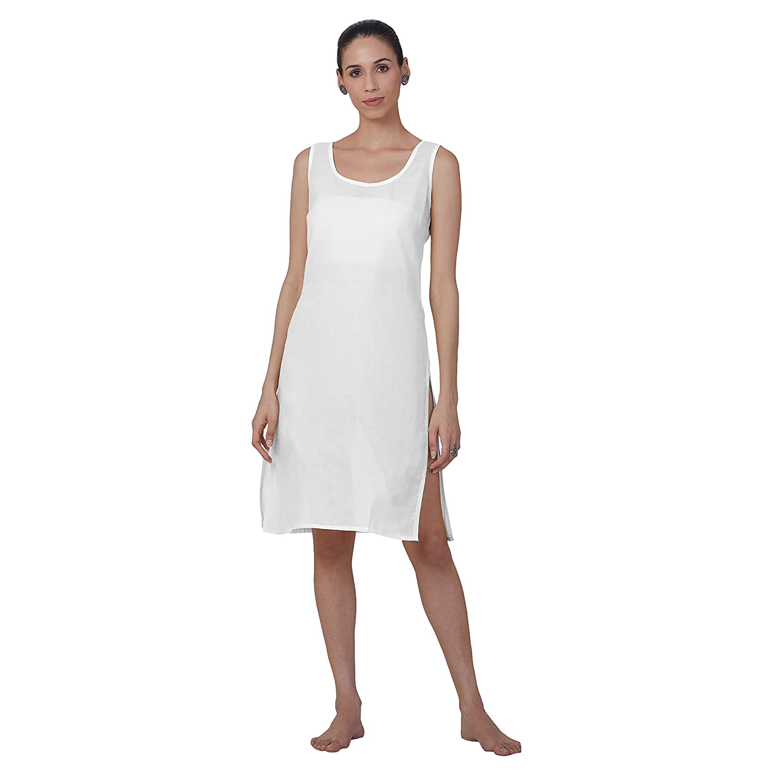 Nature Thread Women's Cotton Long Camisole Sameej - Knee-Length (S, White)