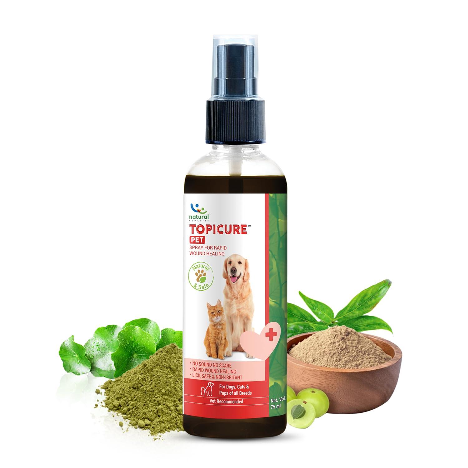 Natural Remedies Topicure Pet Wound Healing Spray, Lick Safe, Non-Irritant, Rapid Healing for Dogs and Cats, Puppies, All-Natural Ingredients, No Gas or Sound, Pet Friendly, Allergy Relief - 75ml