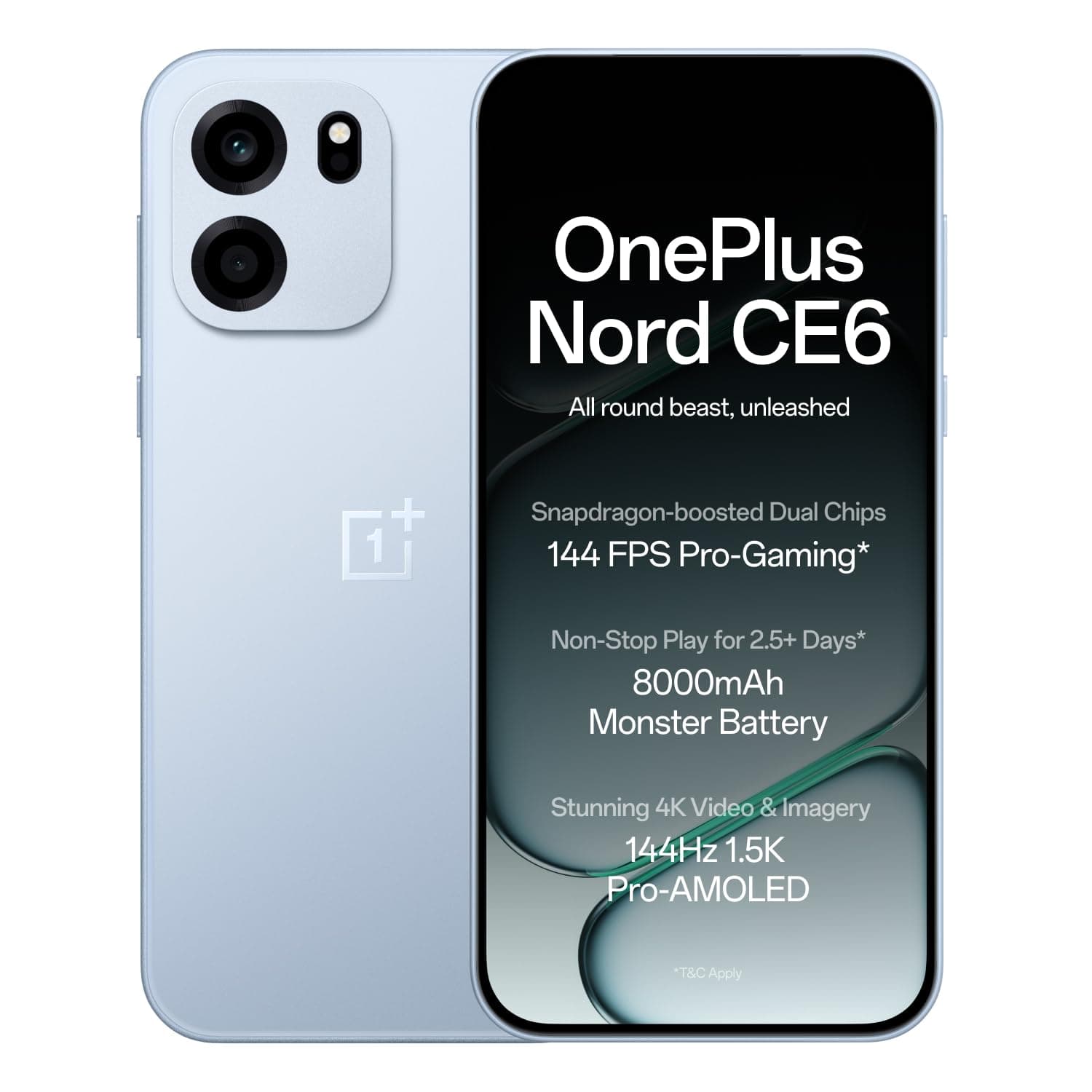OnePlus Nord CE6 | 8GB+256GB | Fresh Blue | Snapdragon 7s Gen 4 | Segment's Fastest Touch Response | 8000mAh Battery | 144Hz 1.5K AMOLED Display | 50MP Main + 32MP Selfie 4K Cameras | IP66,68,69,69K