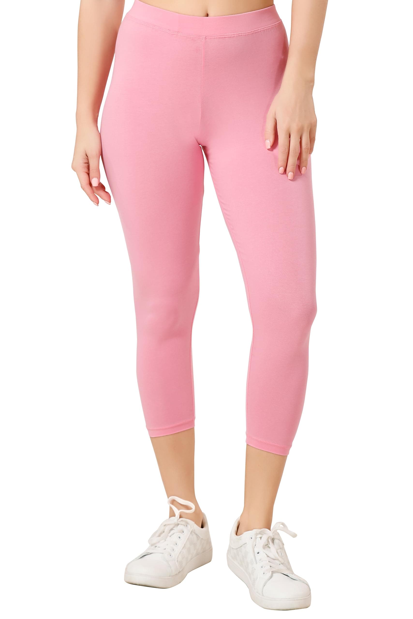 TRASA Tailored Cut & Classic Fit Stretchable Cotton Fabric Mid Rise Skinny Fit High Ankle Length/Cropped Length Leggings for Women - Baby Pink, Size - M