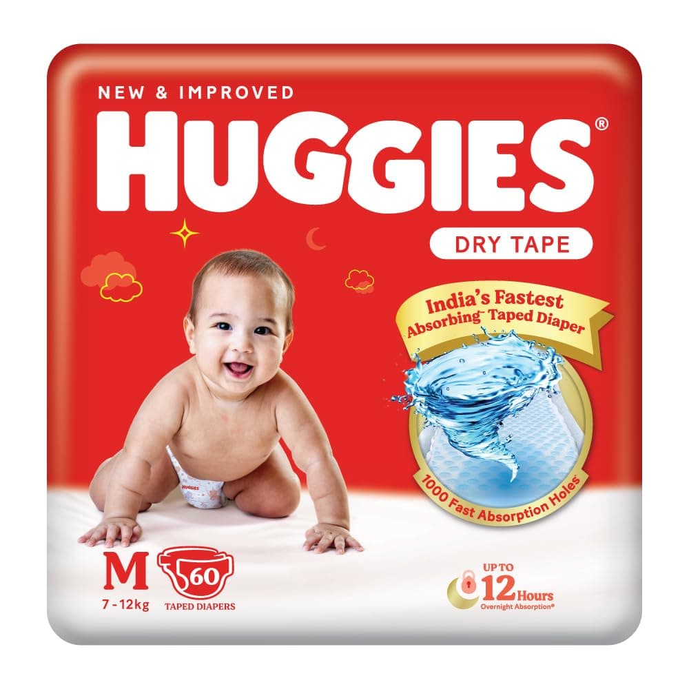 Huggies Complete Comfort Dry Tape Medium (M) Size Baby Tape Diapers, 60 count, with 5 in 1 Comfort