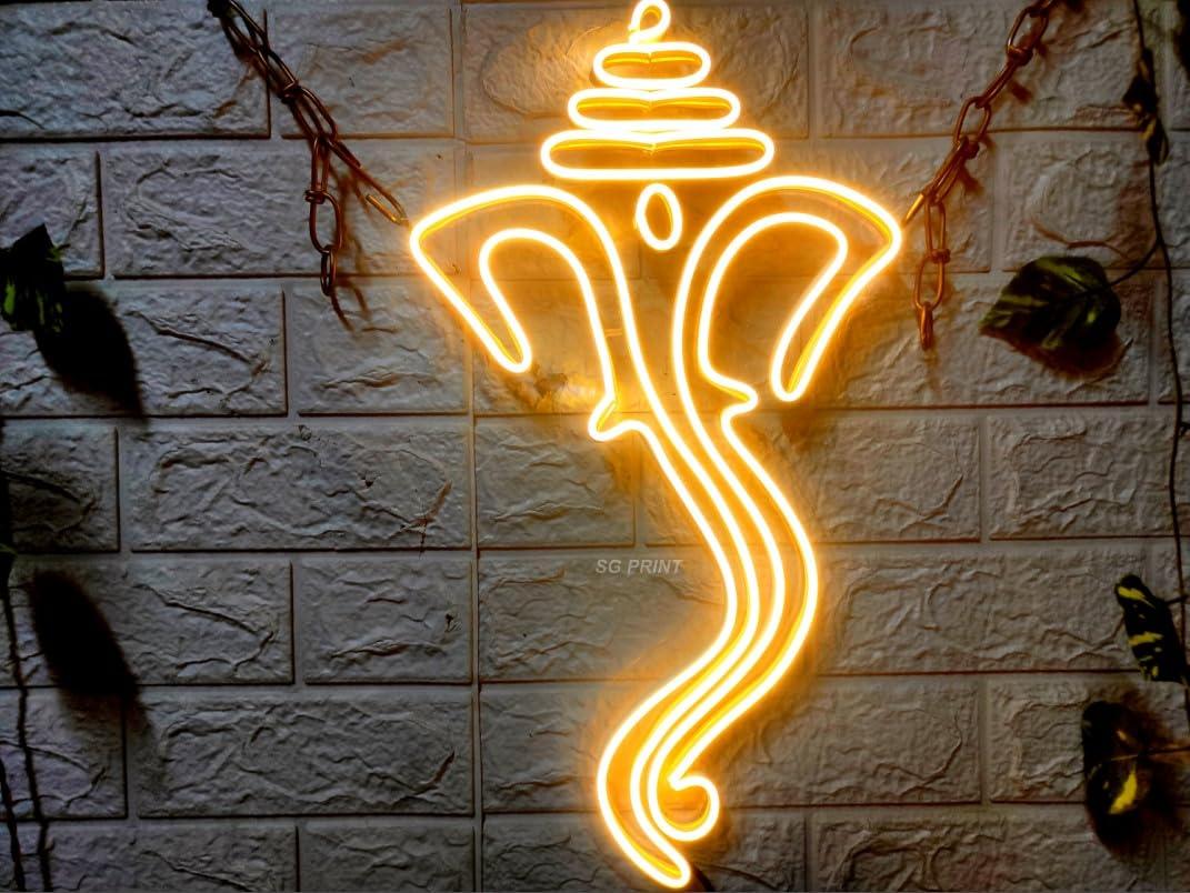 SG PRINT Ganesh Ji Neon Signs | Ganesh Ji Neon Light For Temple | Ganesh Ji Wall Art | Neon Sign | Ganesh Ji Neon Lights | Ganesh Ji Temple Decor (24 x 12 Inch) Warm White