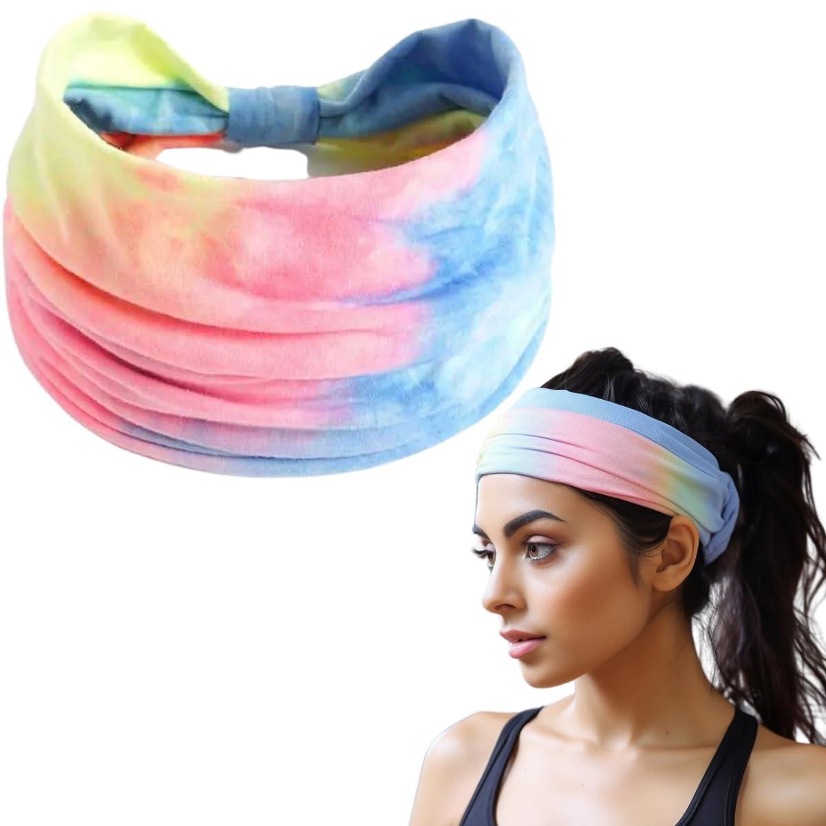 XFYT Exclusive Tie-Dye Exercise Bandana Hair Bands | Mix Lemon Yellow Pink Blue Headband for Running Workout Yoga Women (Melange)