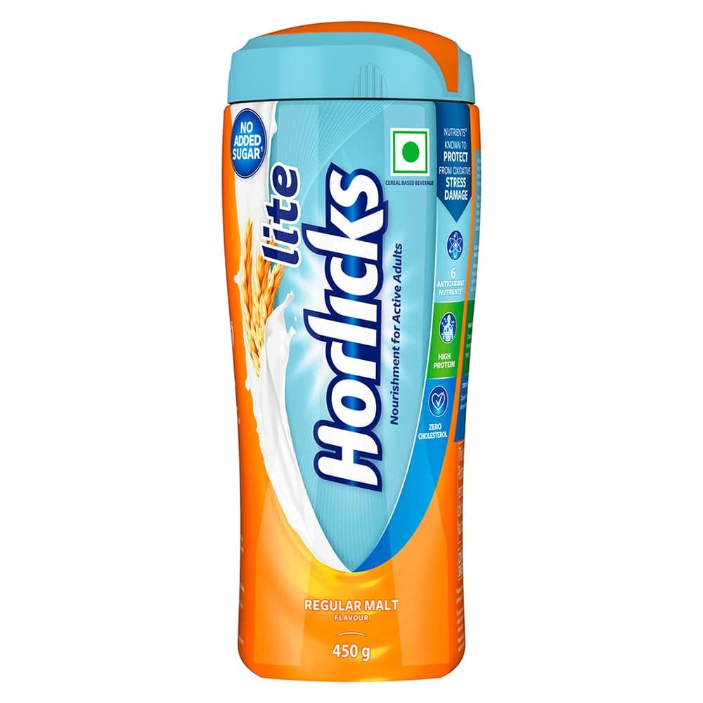 Horlicks Lite 450g, Energy for Active Adults | High Protein, No Added Sugar, 24 Vital Nutrients | Malt Flavour