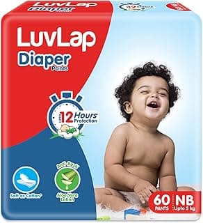 LuvLap Baby Diaper Pants New Born Size (NB), with Aloe Vera Lotion for rash protection, Pack of 60 Count, with upto 12Hr protection For babies of Upto 5Kg, Extra Small (XS)