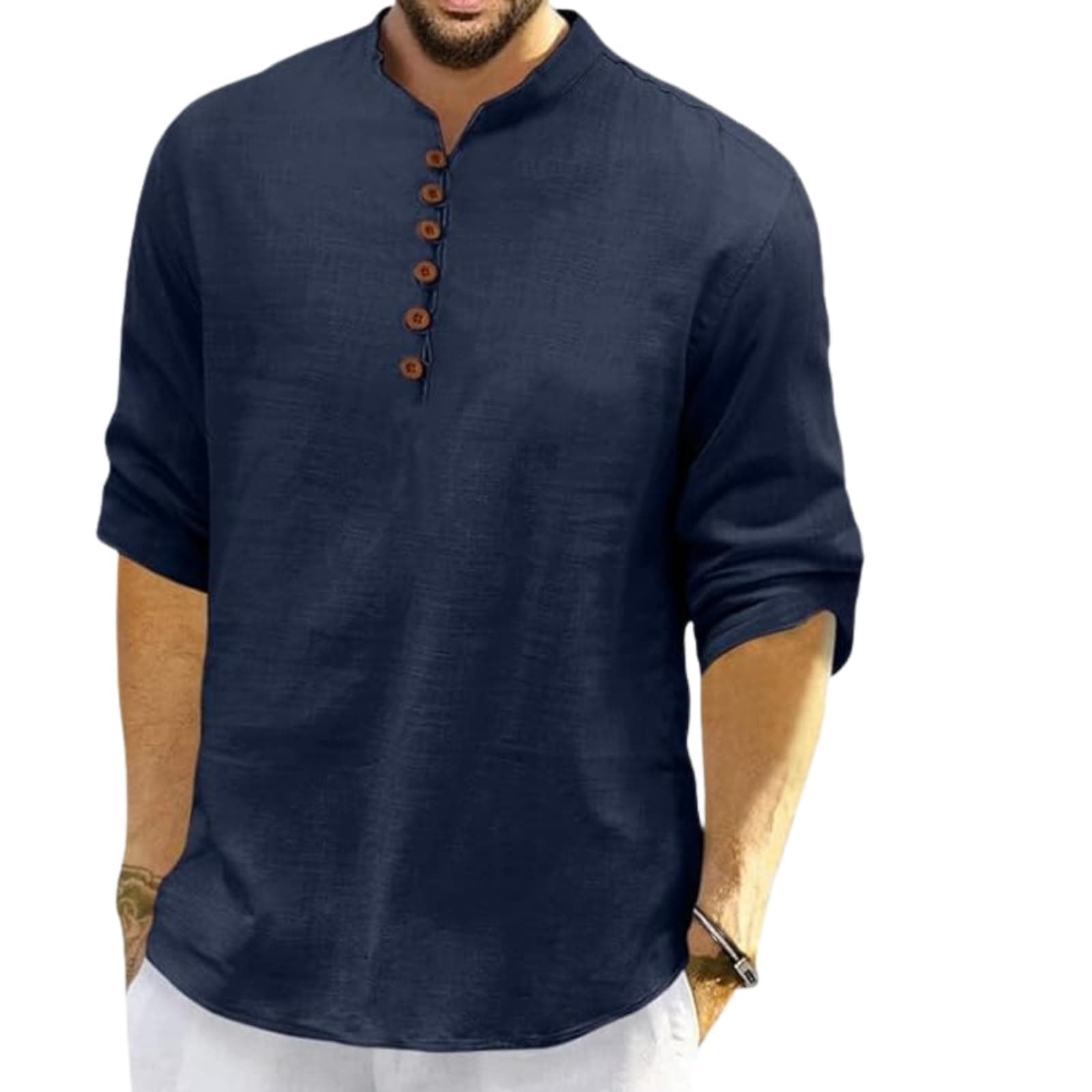 ROYALSCOUT Men's Cotton Polyester Blend Solid Regular Fit Full Sleeve Short Kurta Navy