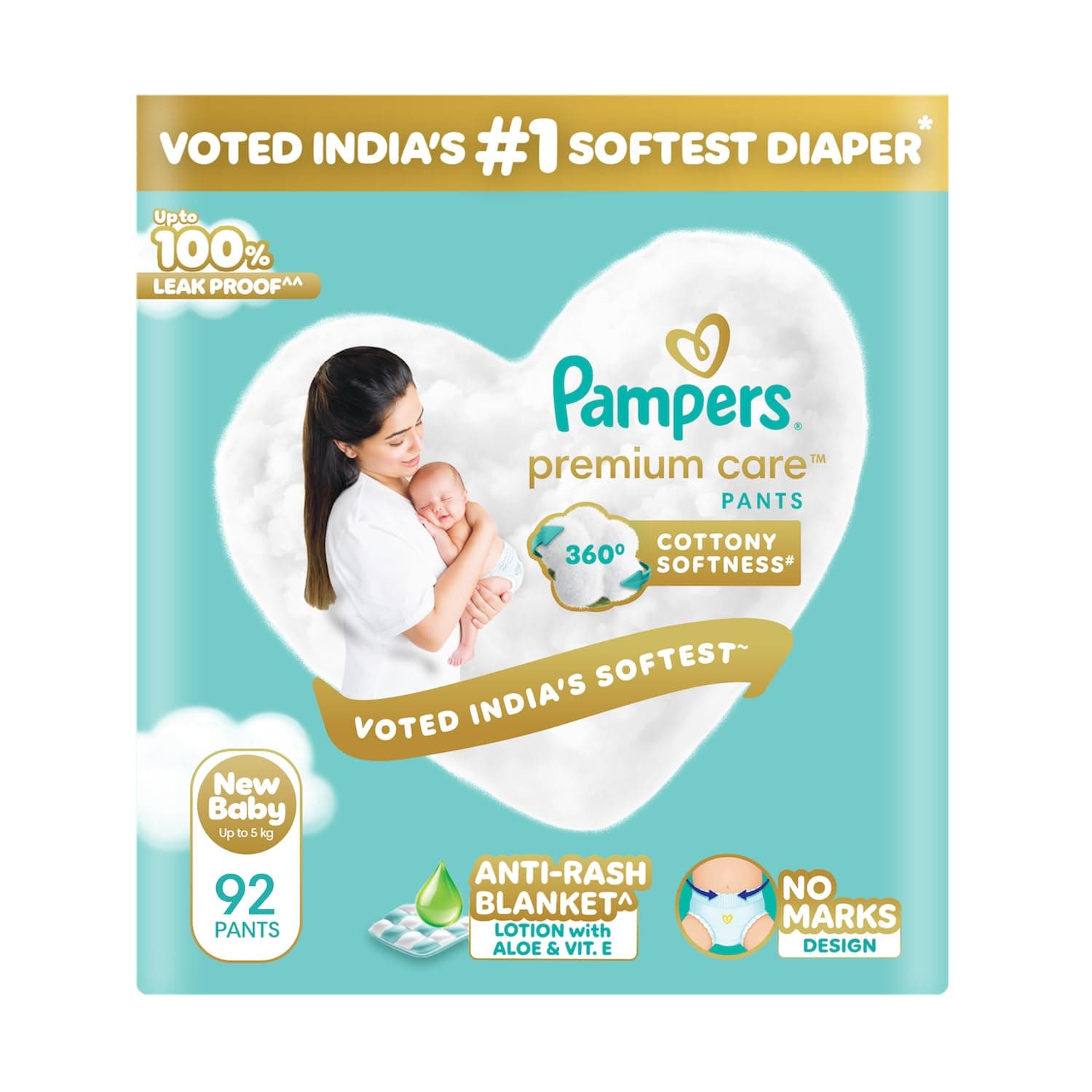 Pampers Premium Care Pant Style Baby Diapers NB 92 Count | No Marks Design | Voted India’s #1 Softest Diaper | All in 1 diaper with 360 Cottony Softness