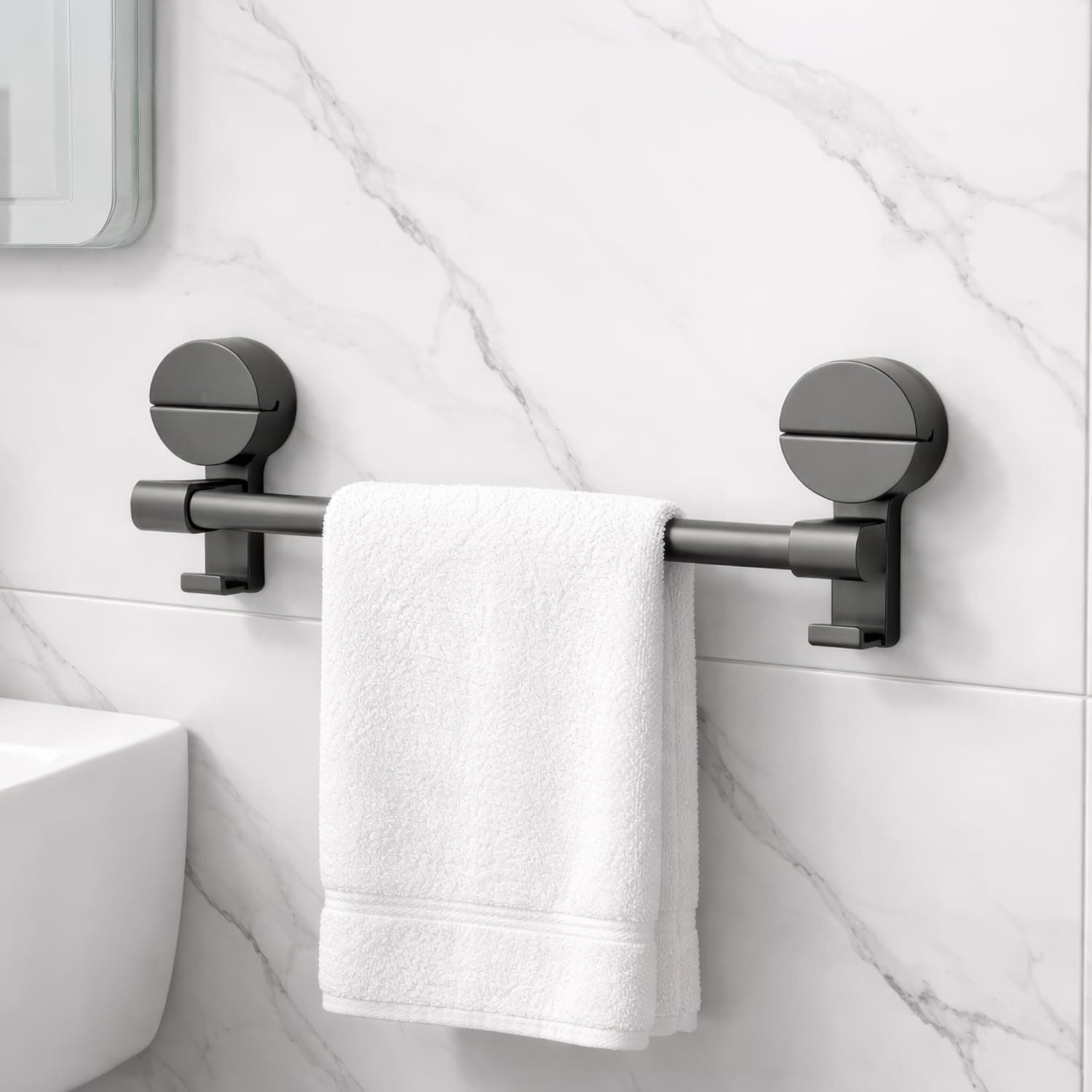 Amazon Basics Suction Towel Holder for Bathroom – Rust - Free Powder Coated Wall Mounted Towel Rack No Drill Towel Rack Modern Bathroom Accessories Organizer Grey