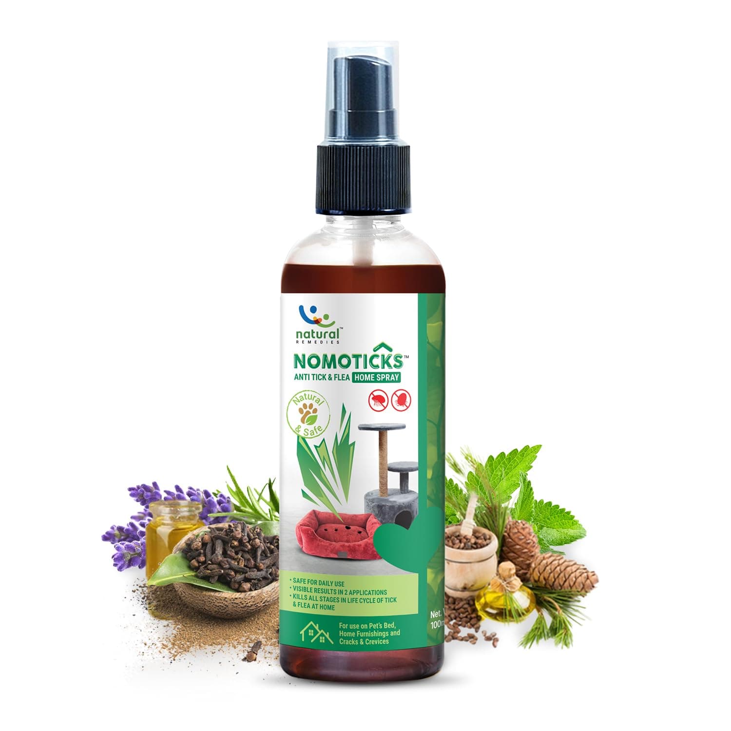 Natural Remedies Nomoticks Anti-Tick & Flea Home Spray, Kills Ticks & Fleas for Pet Beds, Furniture & Cracks, Fast-Drying, Non-Sticky, Daily Use, Natural Ingredients, Safe for Dogs, Cats & Pups, 100ml