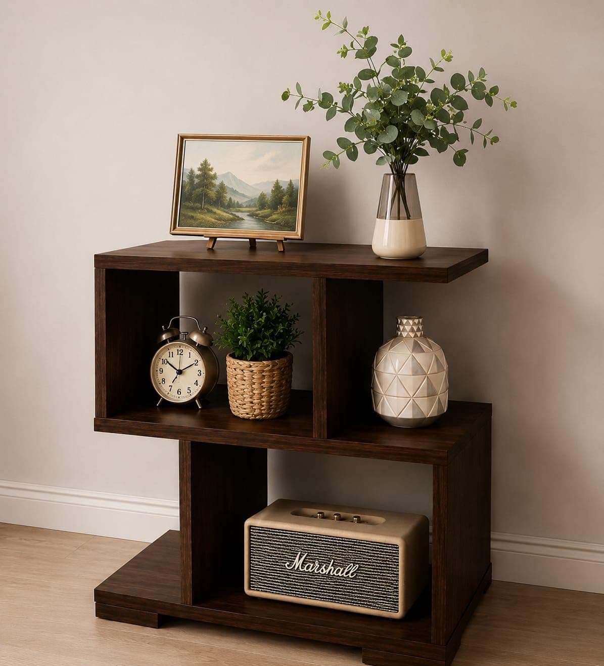 NOYOTA Wooden Bedside Table for Bedroom | Modern Side Table for Living Room | Small Nightstand/End Table with Open Shelf | Compact Table for Home (Brown,)