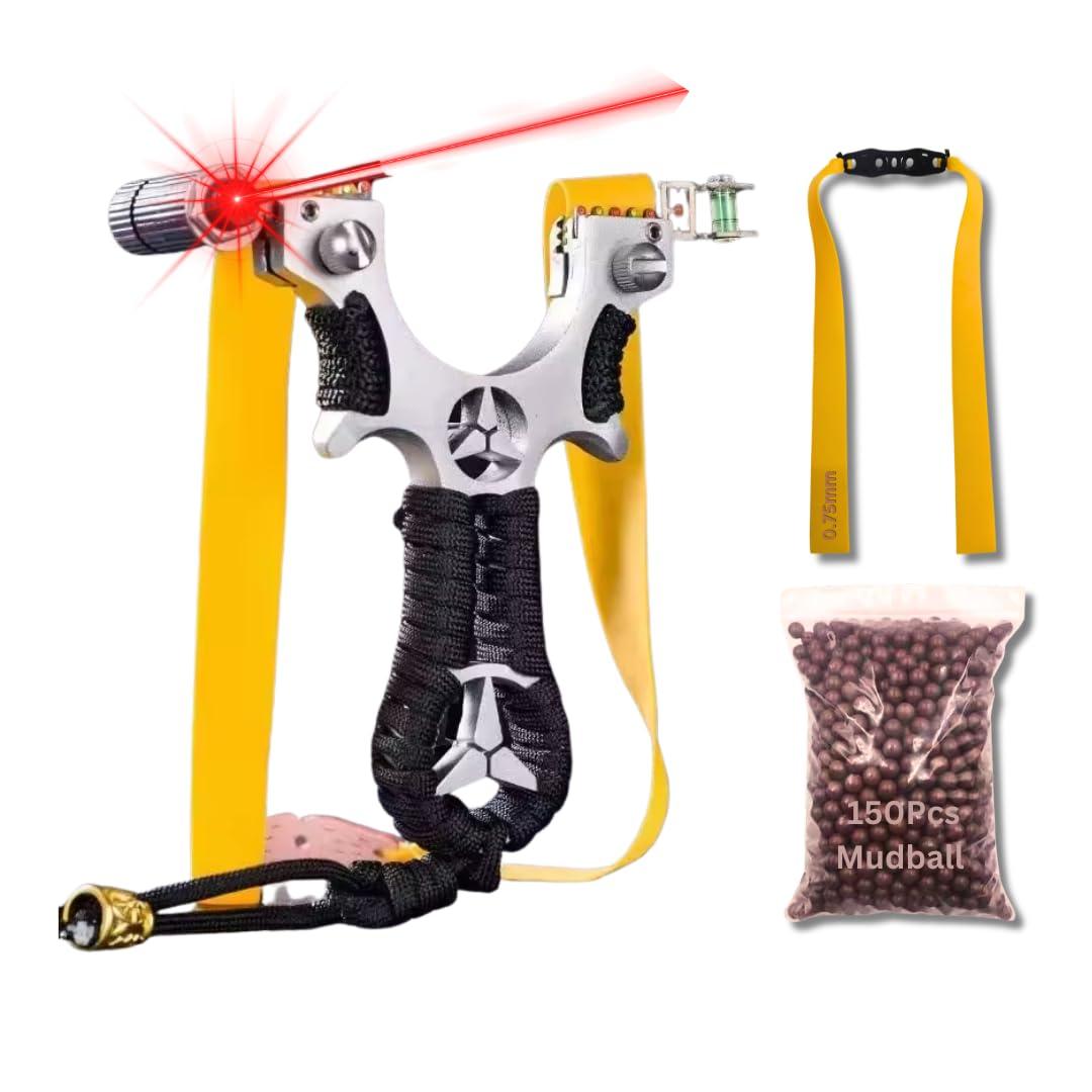 Marksman® Alloy Benz Laser Slingshot Outdoor Target Practice Catapult Gulel Durable for Adults || Yellow Rubber Band and 150 Pcs of Mud Ball || Beginner for Outdoor Games for Hiking & Camping