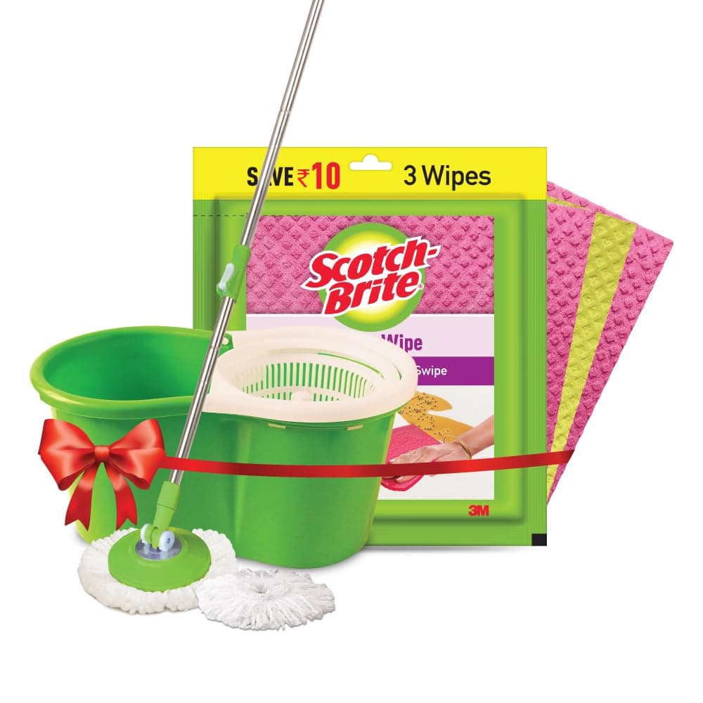 Scotch-Brite Twin Bucket Spin Mop with Easy Wring & Rinse System for All Floor Types, 1 Extra mop Head Refill and Sponge Wipe (Pack of 3)