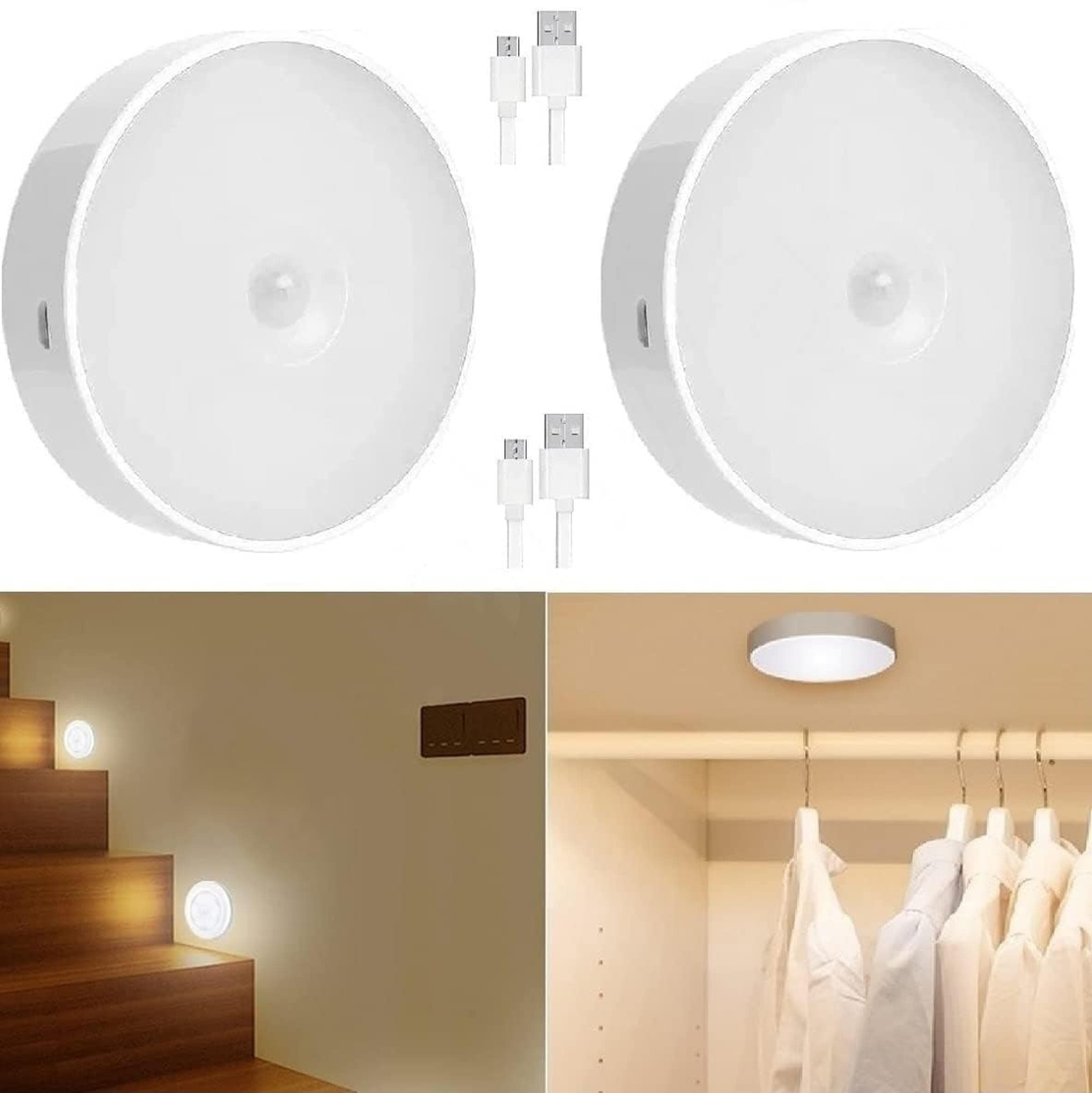 LOHAS-LED Motion Sensor Light for Home (Pack 2) with USB Charging Wireless Self Adhesive LED Body Induction Lamp Sensor Light for Wardrobe Lights with Sensor Night Light for Cupboard Stairs (White)