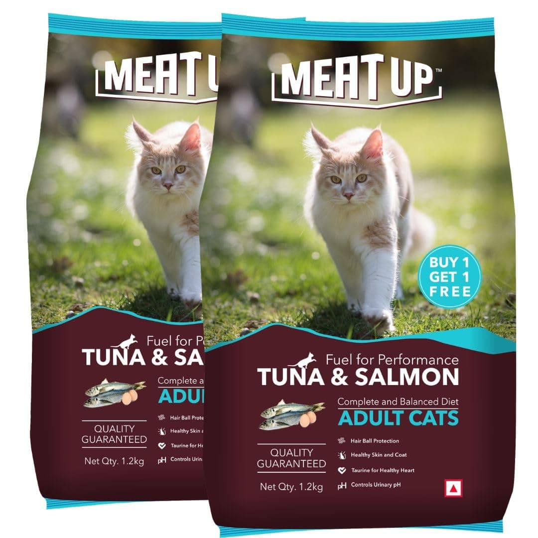 Meat Up Adult Dry Cat Food (2 x 1.2Kg), Total 2.4Kg | Tuna & Salmon Flavour | Supports Urinary pH Balance | Reduces Hairball Formation | Promotes Skin & Coat Health | Taurine for Cardiac Support