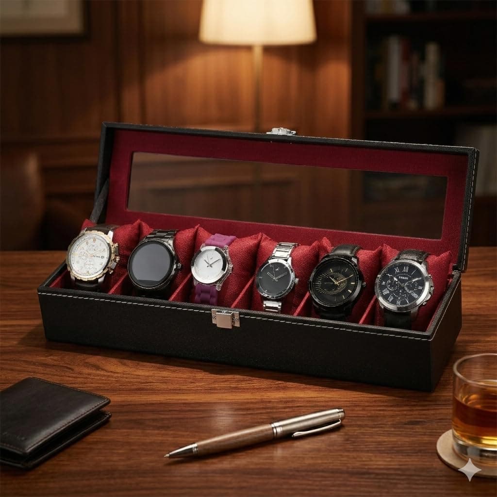 DA WOVN Watch Box Organizer for Men and Women, 6 Slots, Leatherette, Black, Gift Box (Black::Maroon)