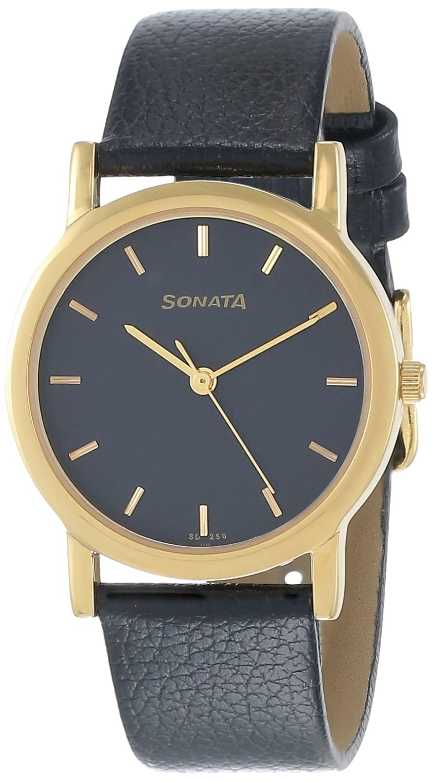 Sonata Quartz Analog Black Dial Leather Strap Watch for Men-NS7987YL03W/NT7987YL03W