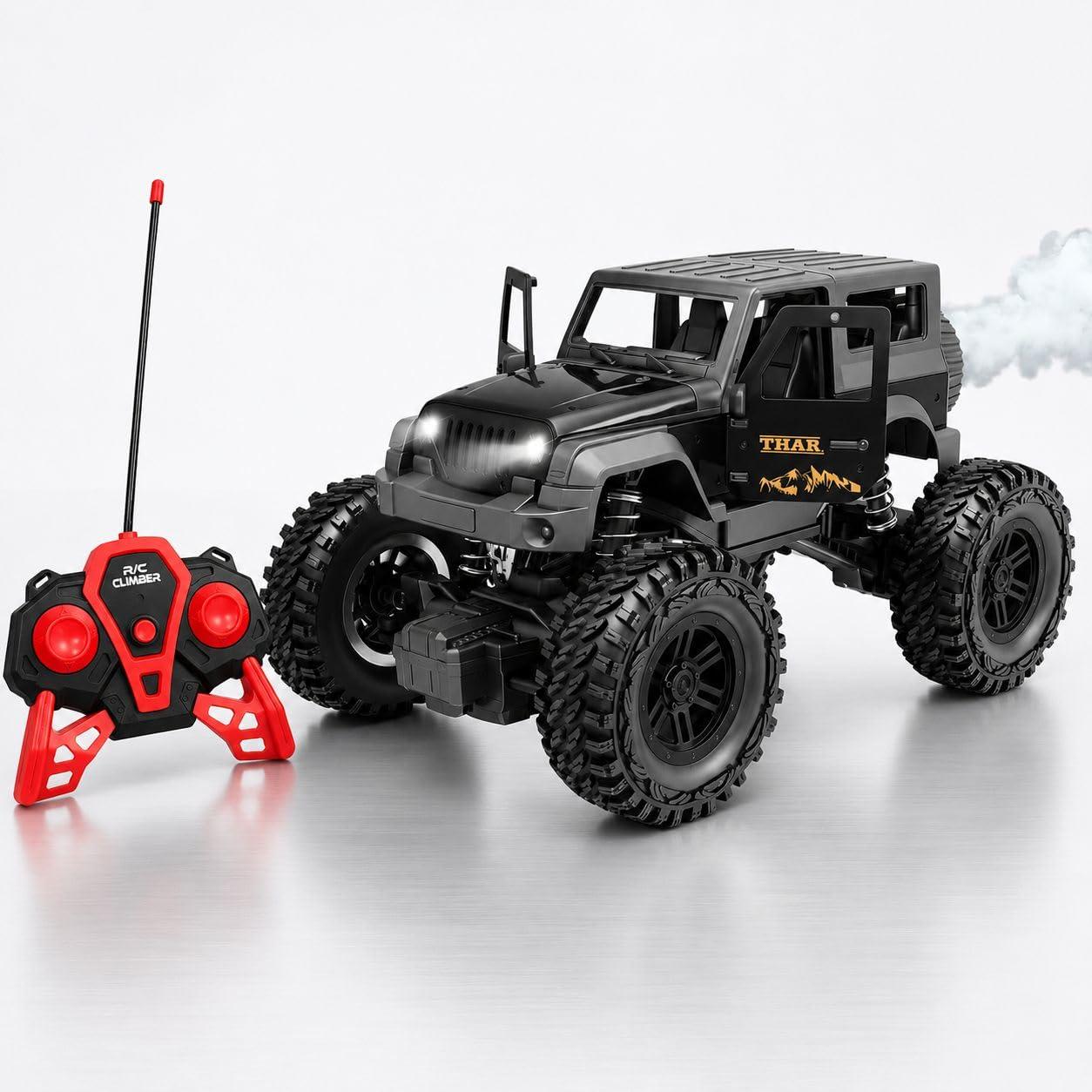 TOYNDIA Remote Control Off Road Rock Climbing Thar Car for Kids | 75+ Ft Range, Rechargeable USB-C, Mist Smoke Effect, LED Lights, Shock Absorbers, 2WD RC Jeep Toy Car for Kids (Color as Per Stock)
